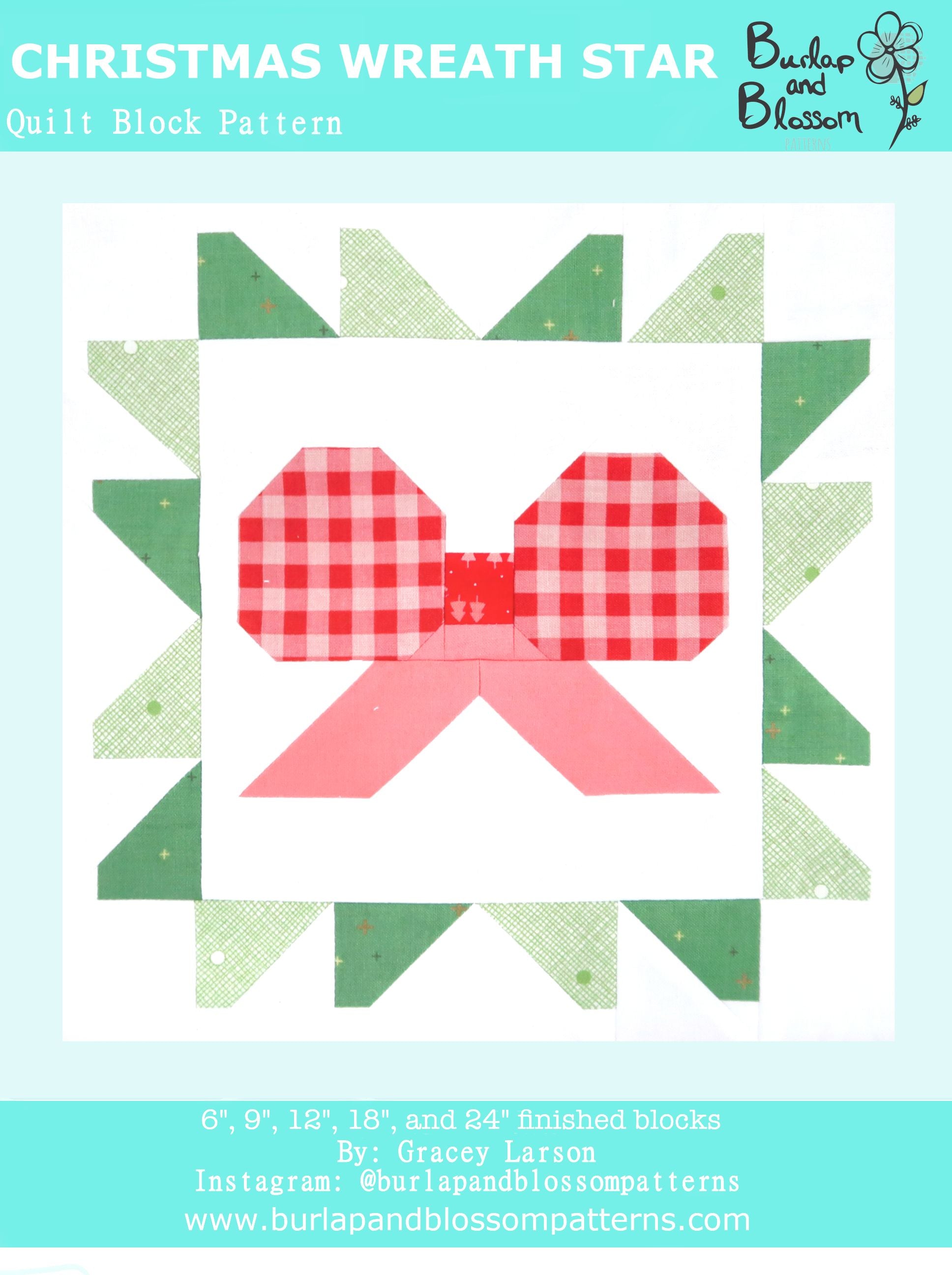 Pattern, Christmas Wreath Star Quilt Block by Burlap and Blossom (digital download)