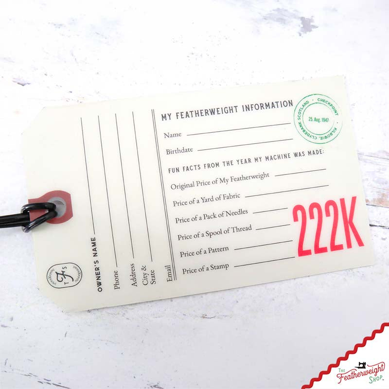 222K (FREE-ARM) Luggage & I.D. Tag for Singer Featherweight