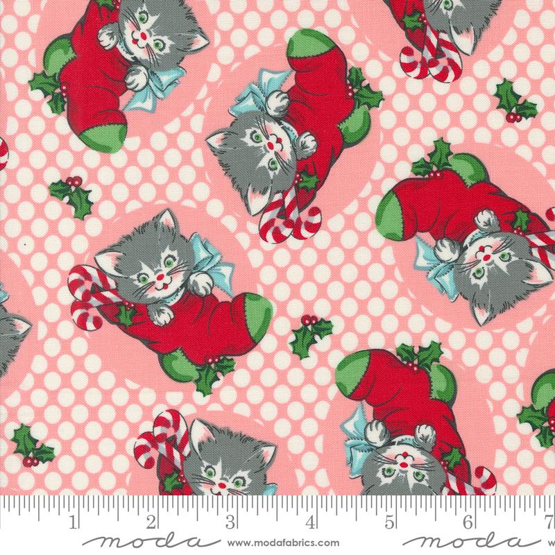 Fabric, Kitty Christmas Stockings & Dots by Urban Chiks - Cheeky PINK (by the yard)