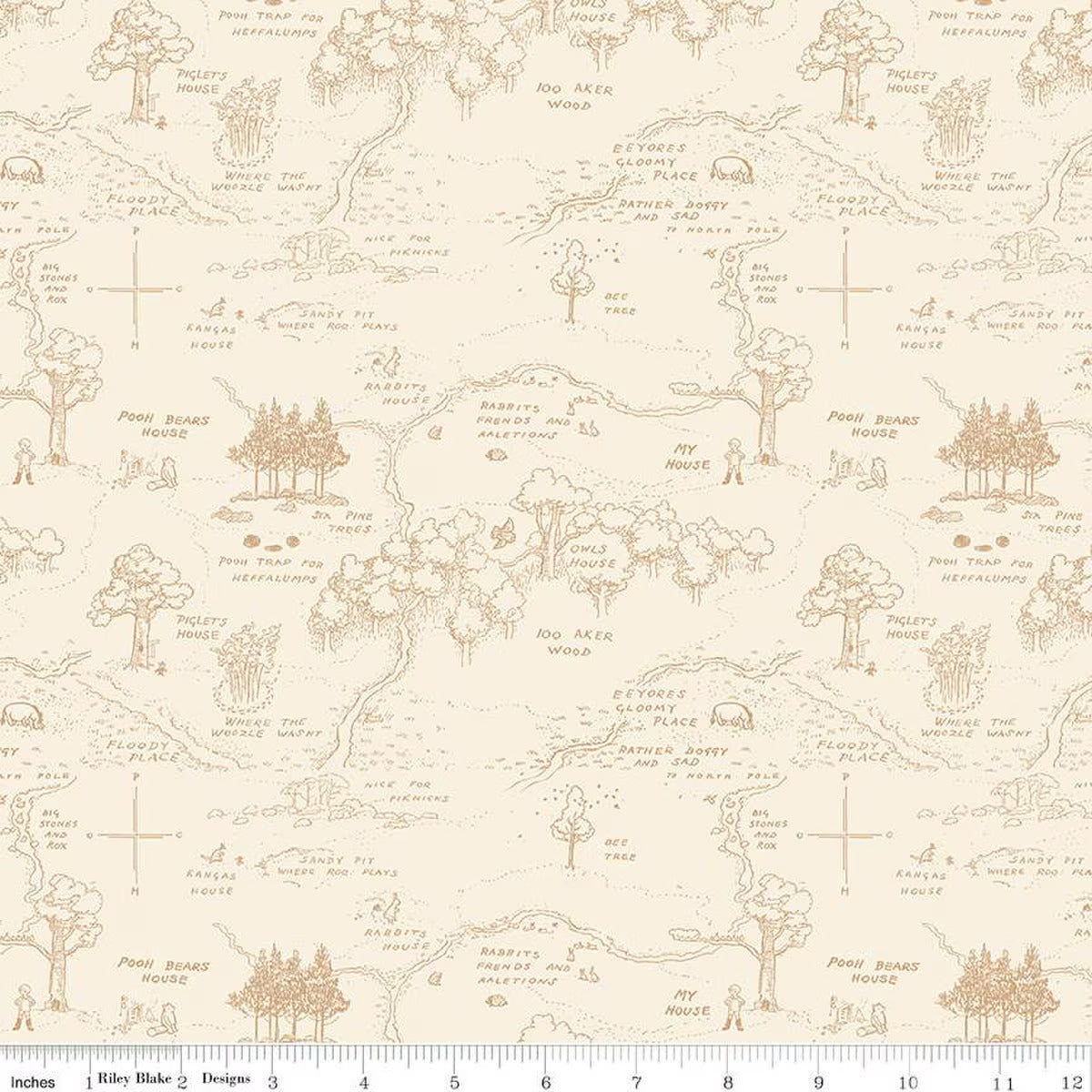 Fabric, Winnie the Pooh - MAP, Cream (by the yard)