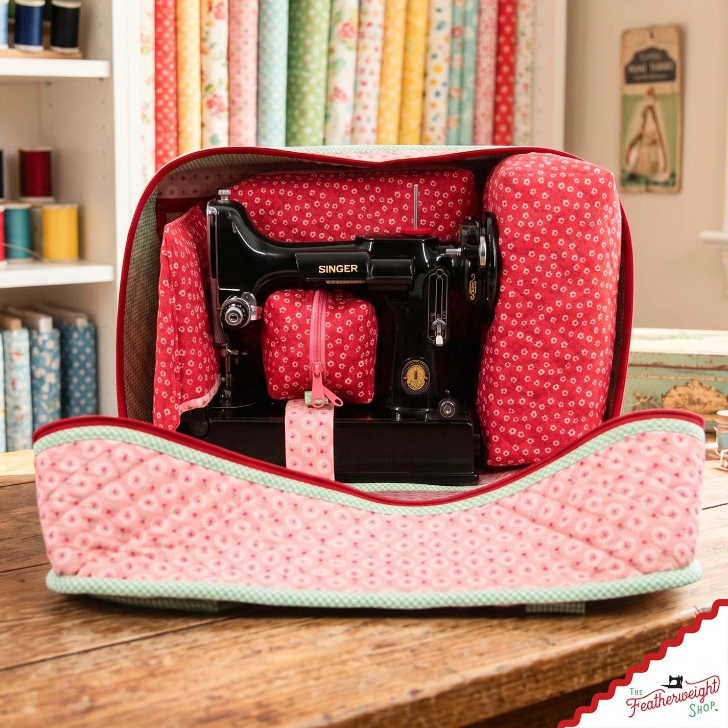 The Stitcher's Suitcase open on a sewing table with a black Singer Featherweight 221 packed inside and the red ditsy floral organizers tucked in around it.