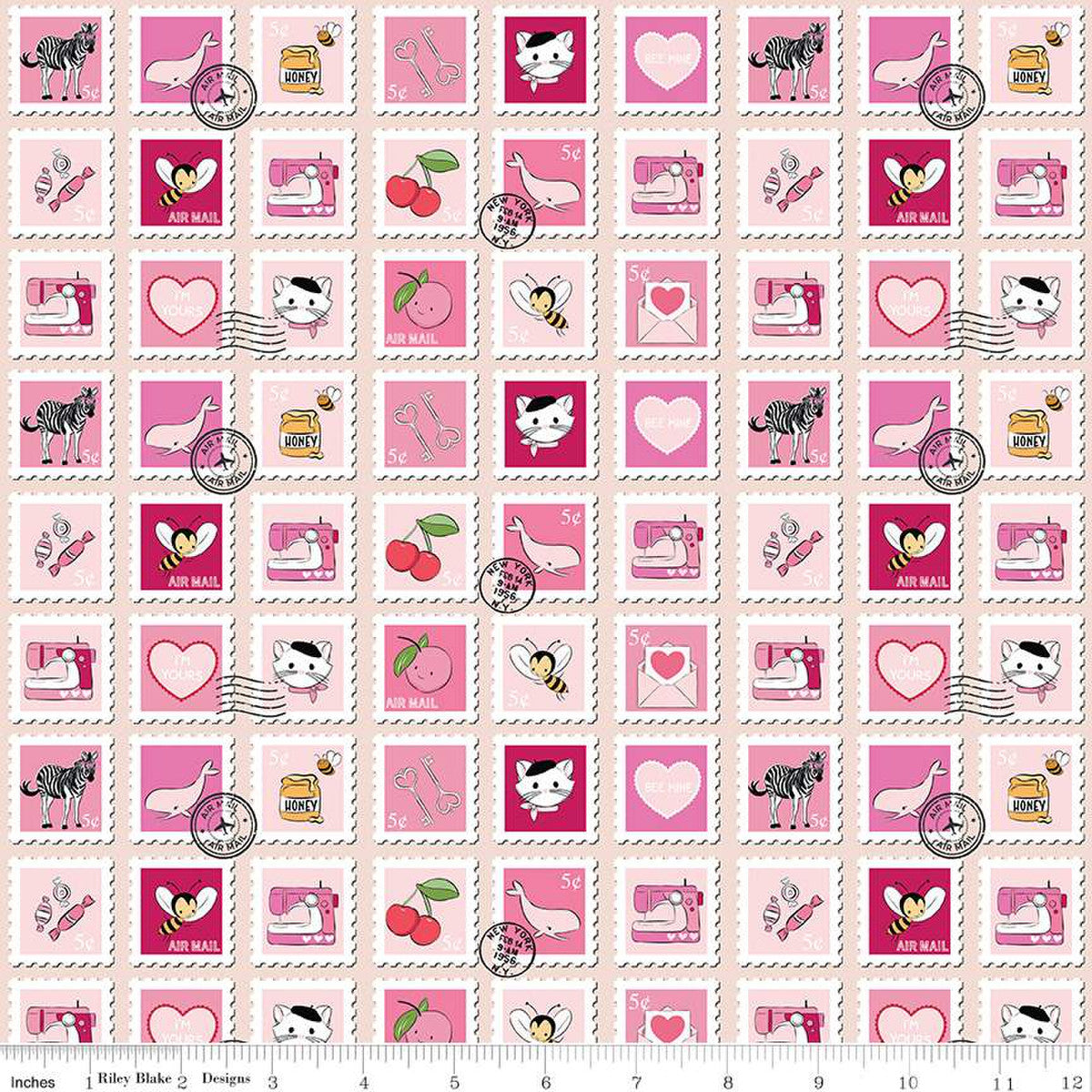 Fabric, Mint For You Valentine Postage Stamps BLUSH PINK - (by the yard)