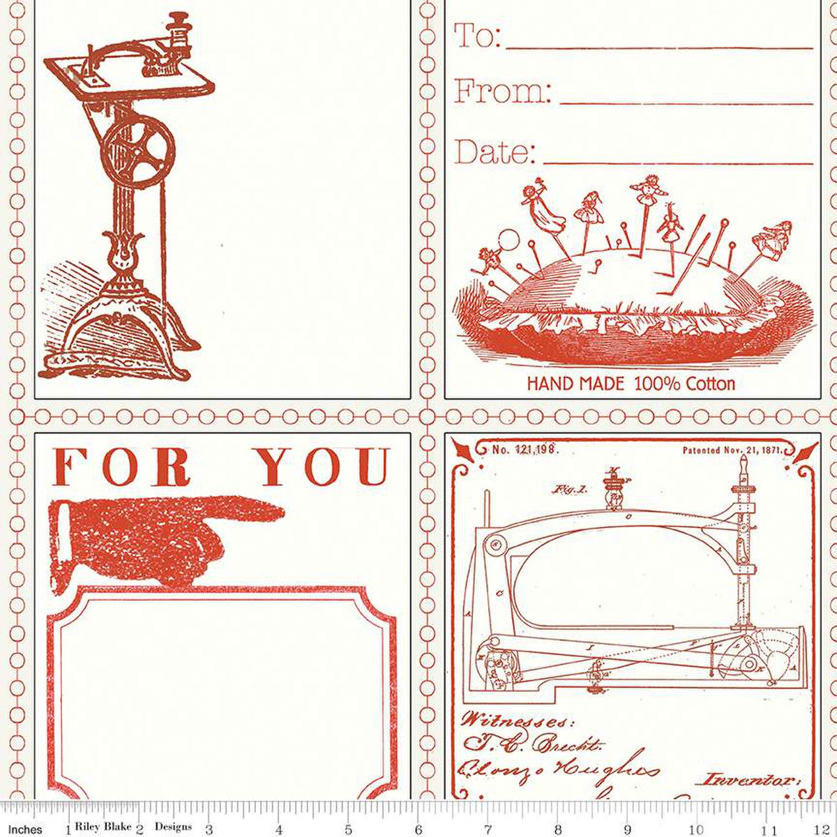 Fabric, Quilt Labels ~ Old-Fashioned Antique Sewing RED (by the yard)