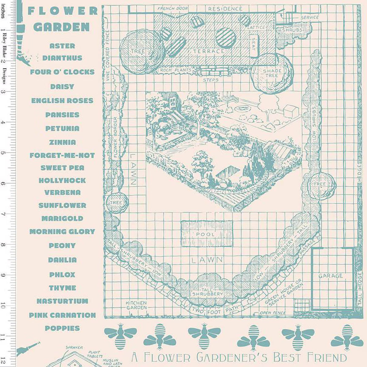 Fabric, Flower Patch by Lori Holt WIDE BACK 108" - Farmers Almanac Raindrop (by the yard)