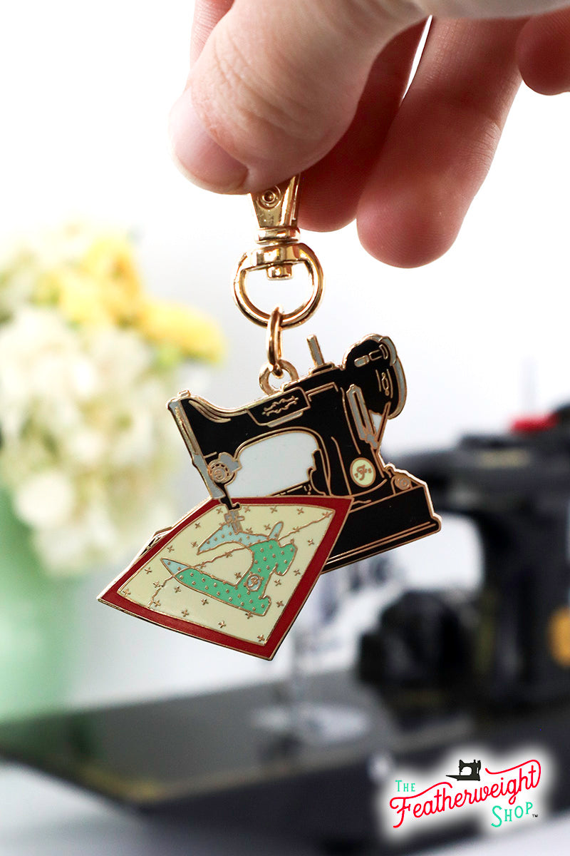 Keyring & Keychain Enamel Charm, FEATHERWEIGHT QUILT