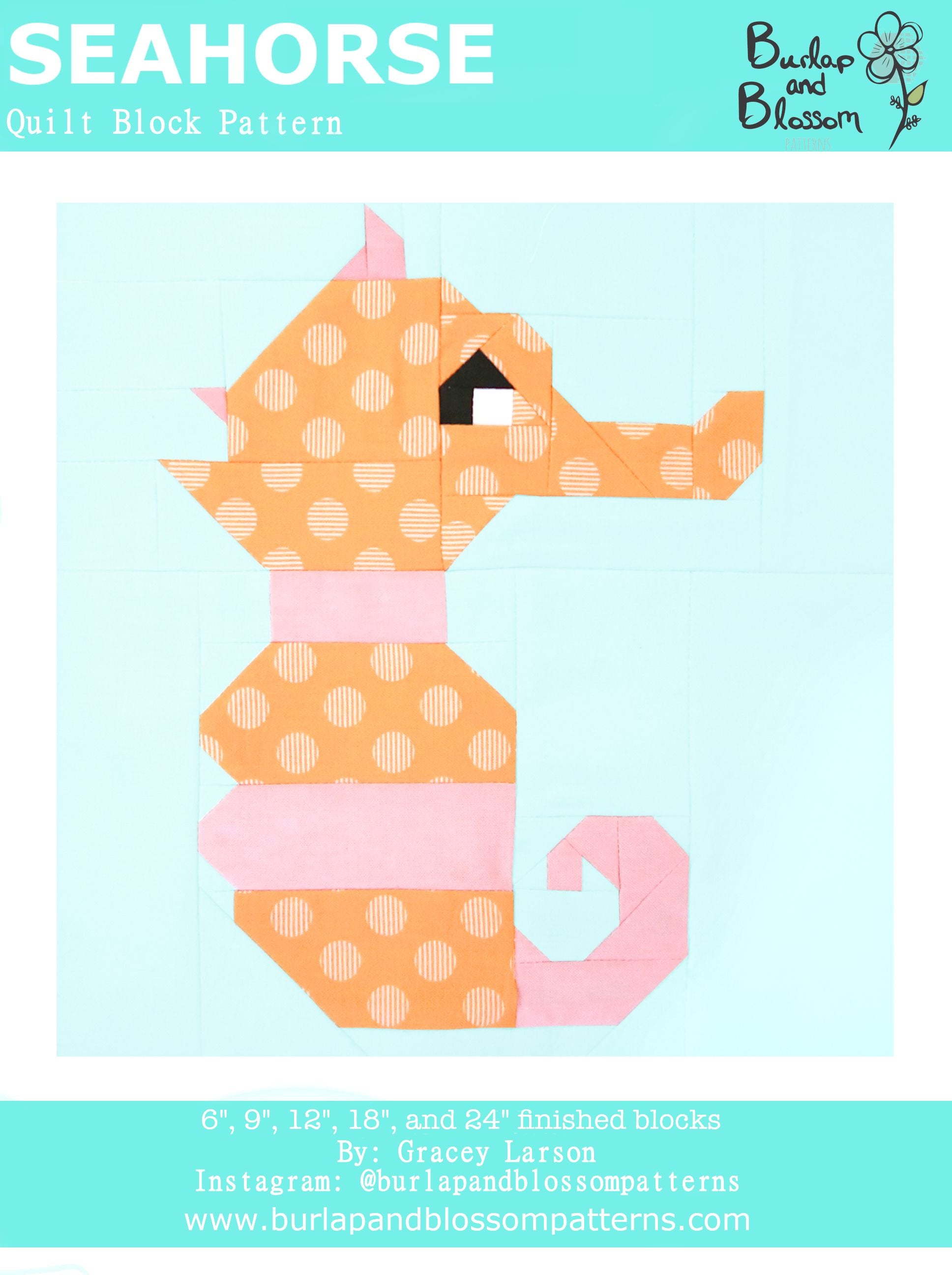 Pattern, Seahorse Quilt Block by Burlap and Blossom (digital download)