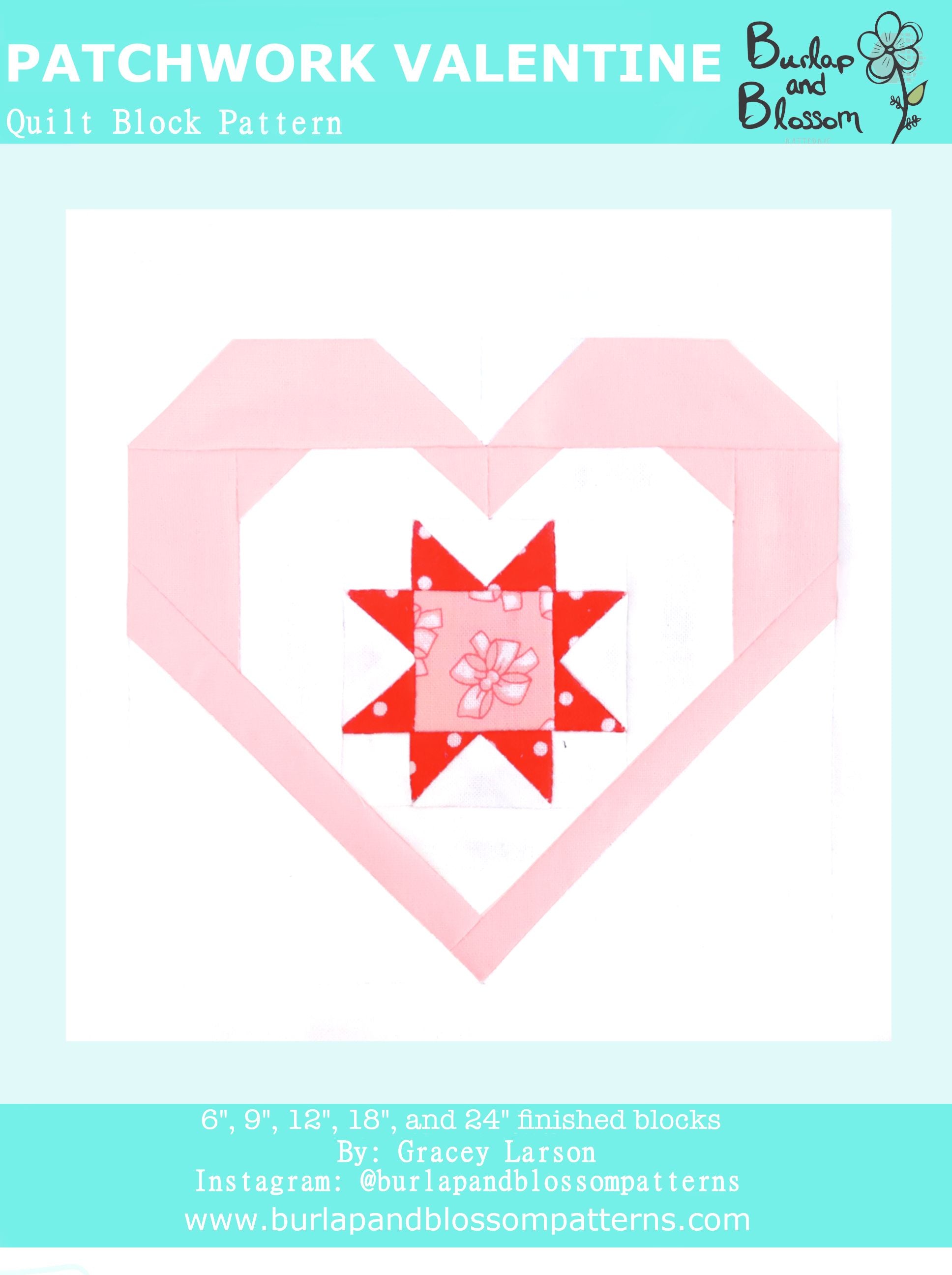 Pattern, Patchwork Valentine Quilt Block by Burlap and Blossom (digital download)