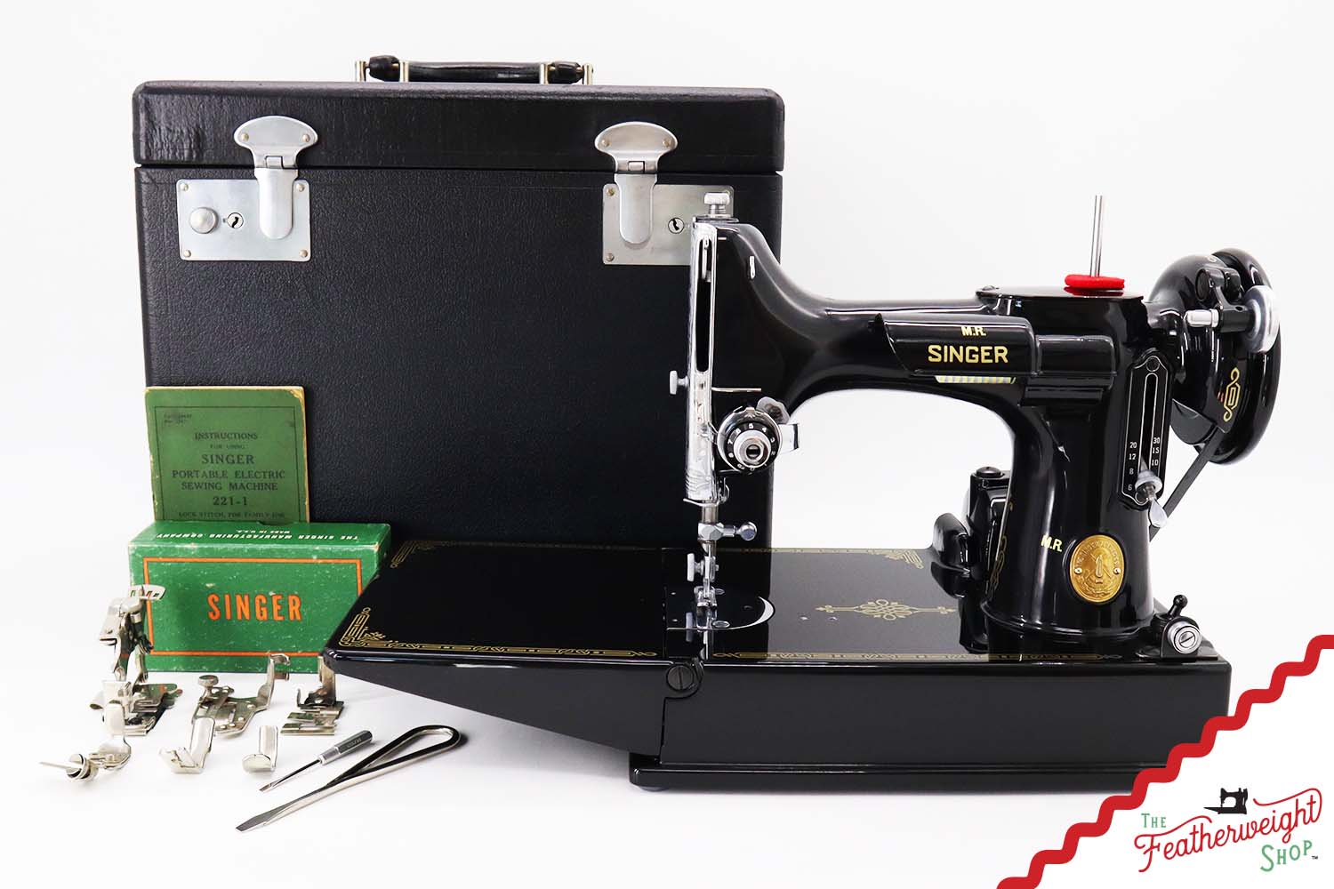Singer Featherweight 221 Sewing Machine AH194***, RARE M.R. Decal - Fully Restored in Gloss Black