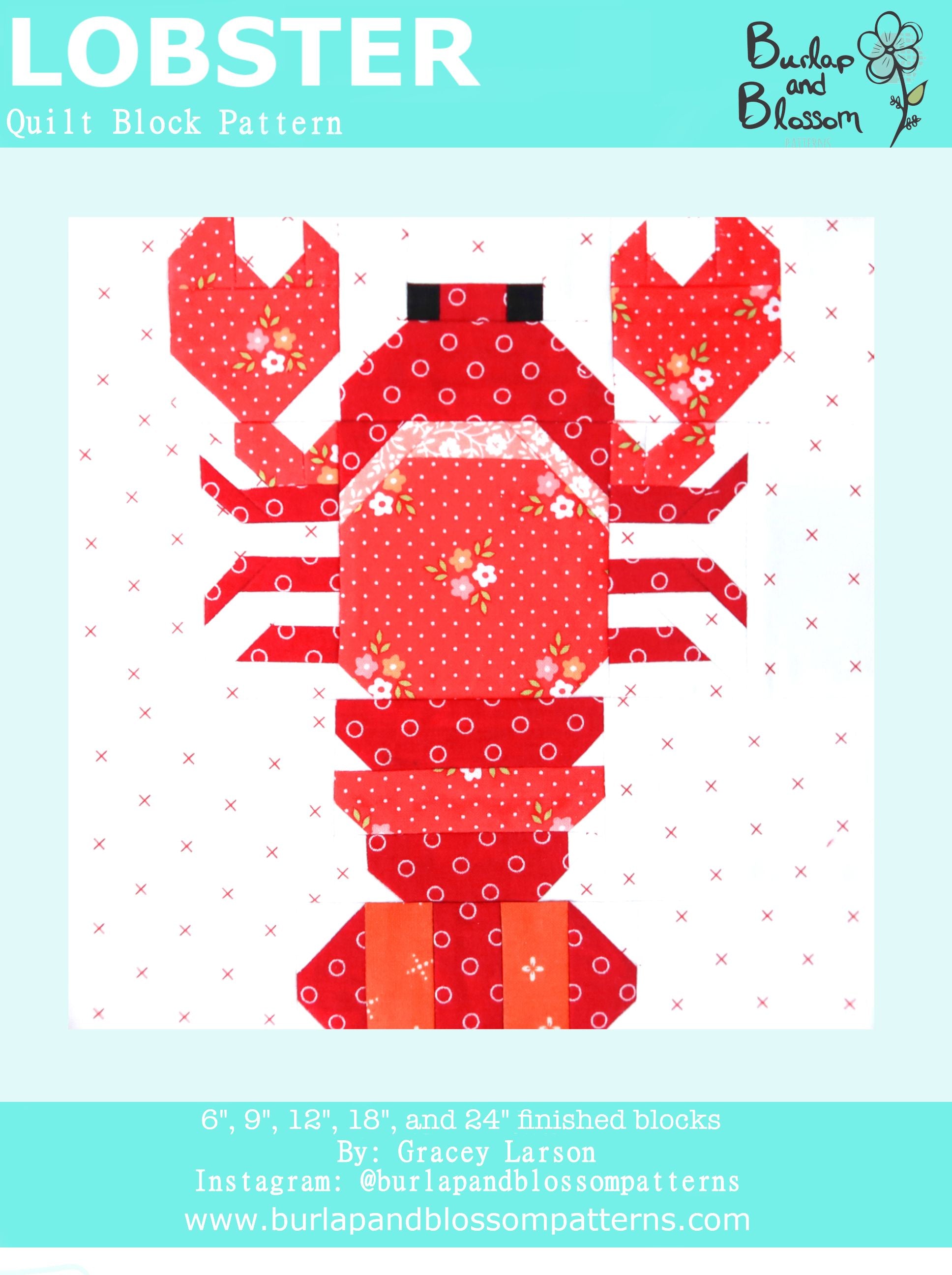 Pattern, Lobster Quilt Block by Burlap and Blossom (digital download)