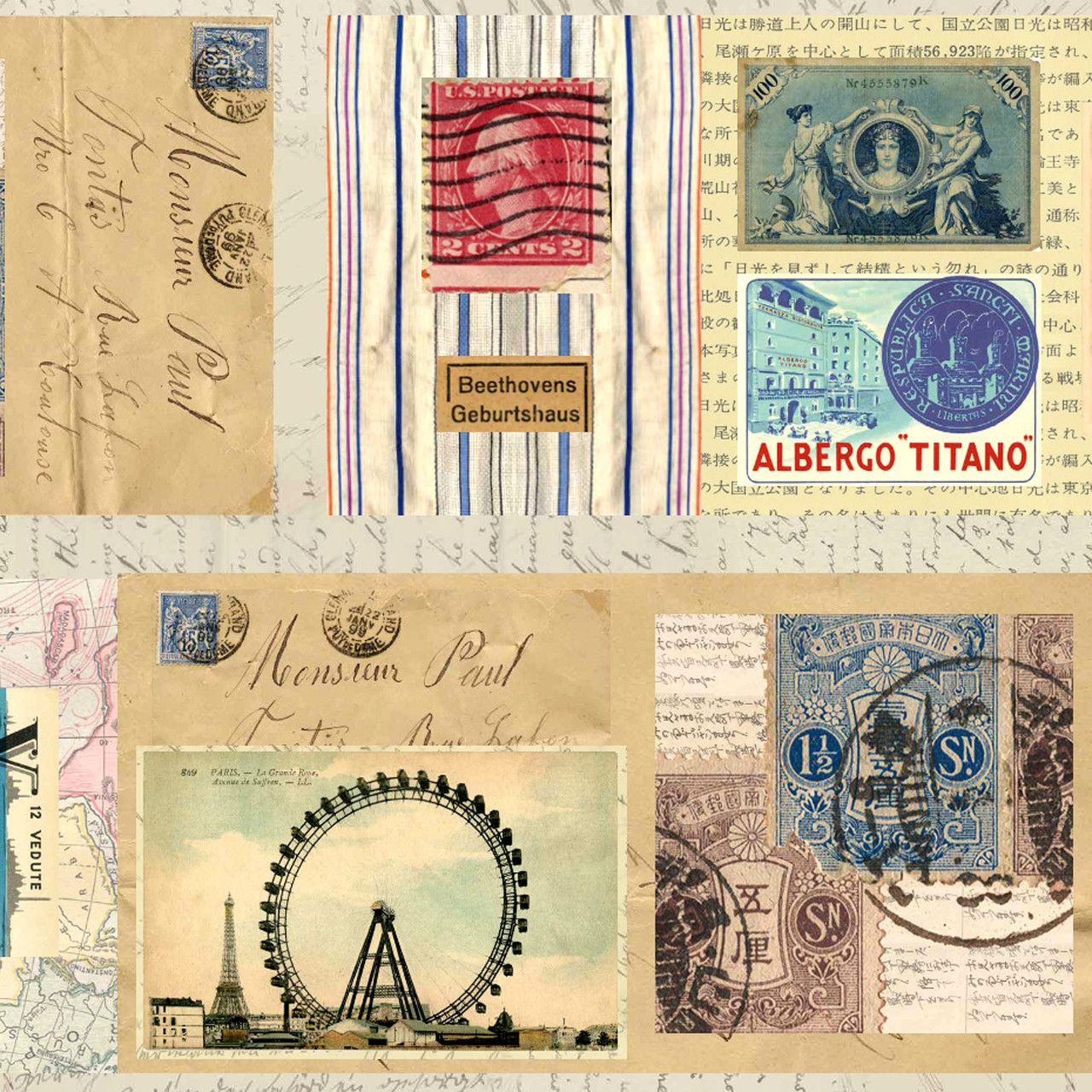 Fabric, Treasured Threadz Quilt Block Panel - Around the World