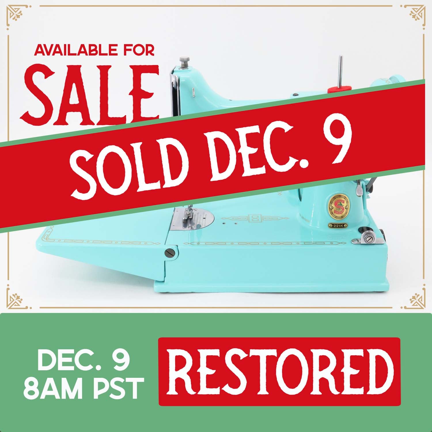 Singer Featherweight 221K, Red 'S', ES1719** - Fully Restored in Tiffany Blue