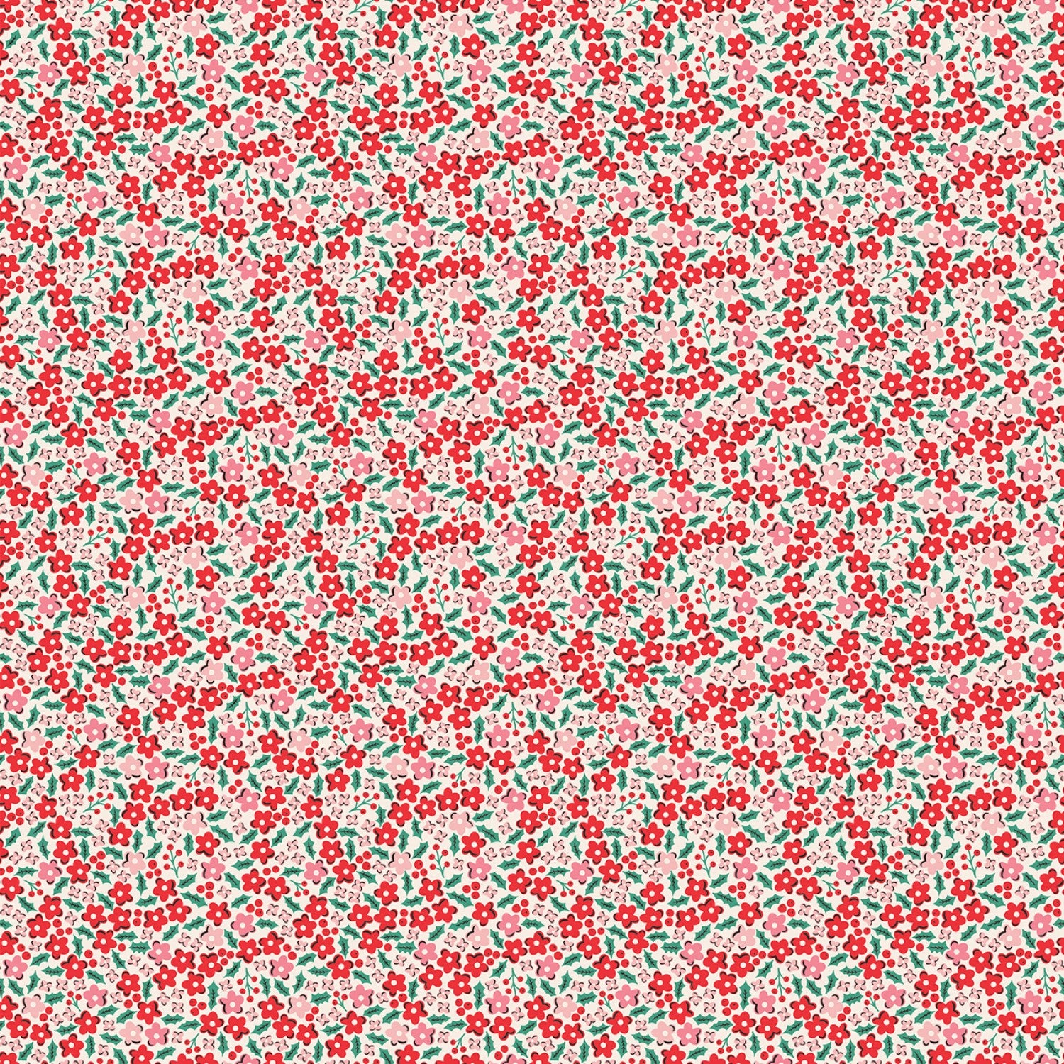 Fabric, Oh What Fun RED HOLLY FLOWERS by Poppie Cotton (by the yard)