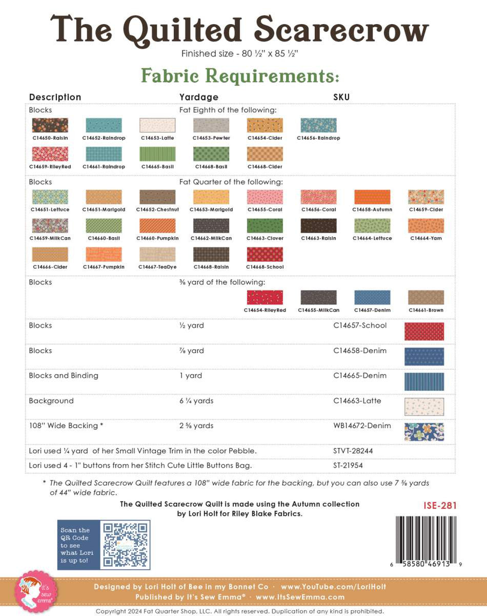 PATTERN, The Quilted Scarecrow Quilt Pattern by Lori Holt (ISE-281)