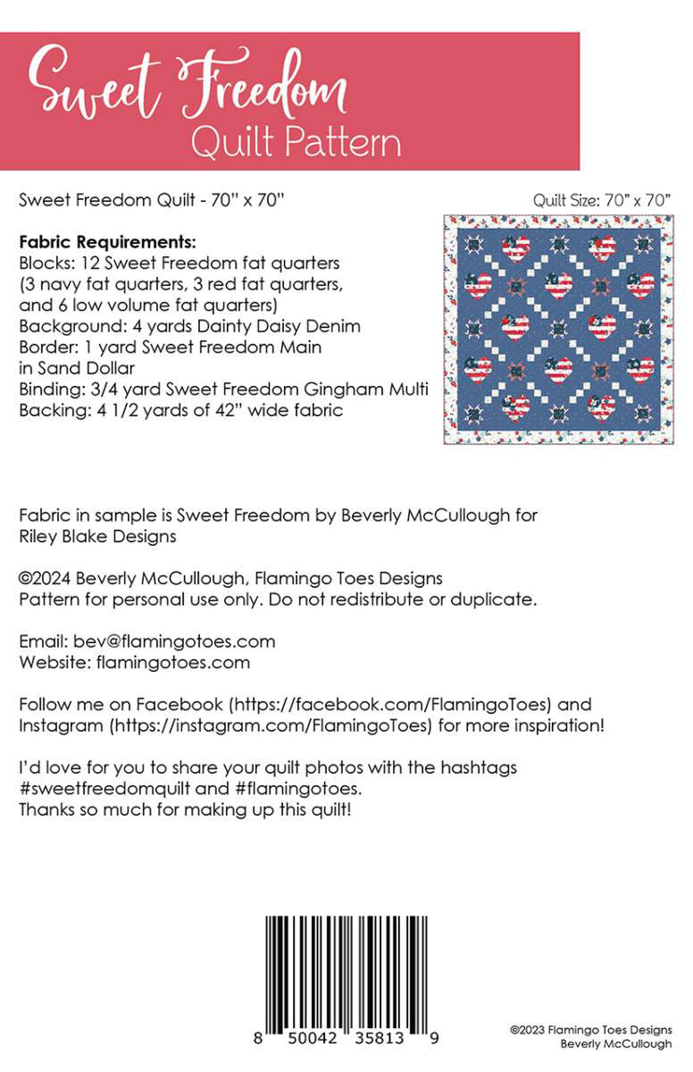 PATTERN, SWEET FREEDOM Quilt by Beverly McCullough