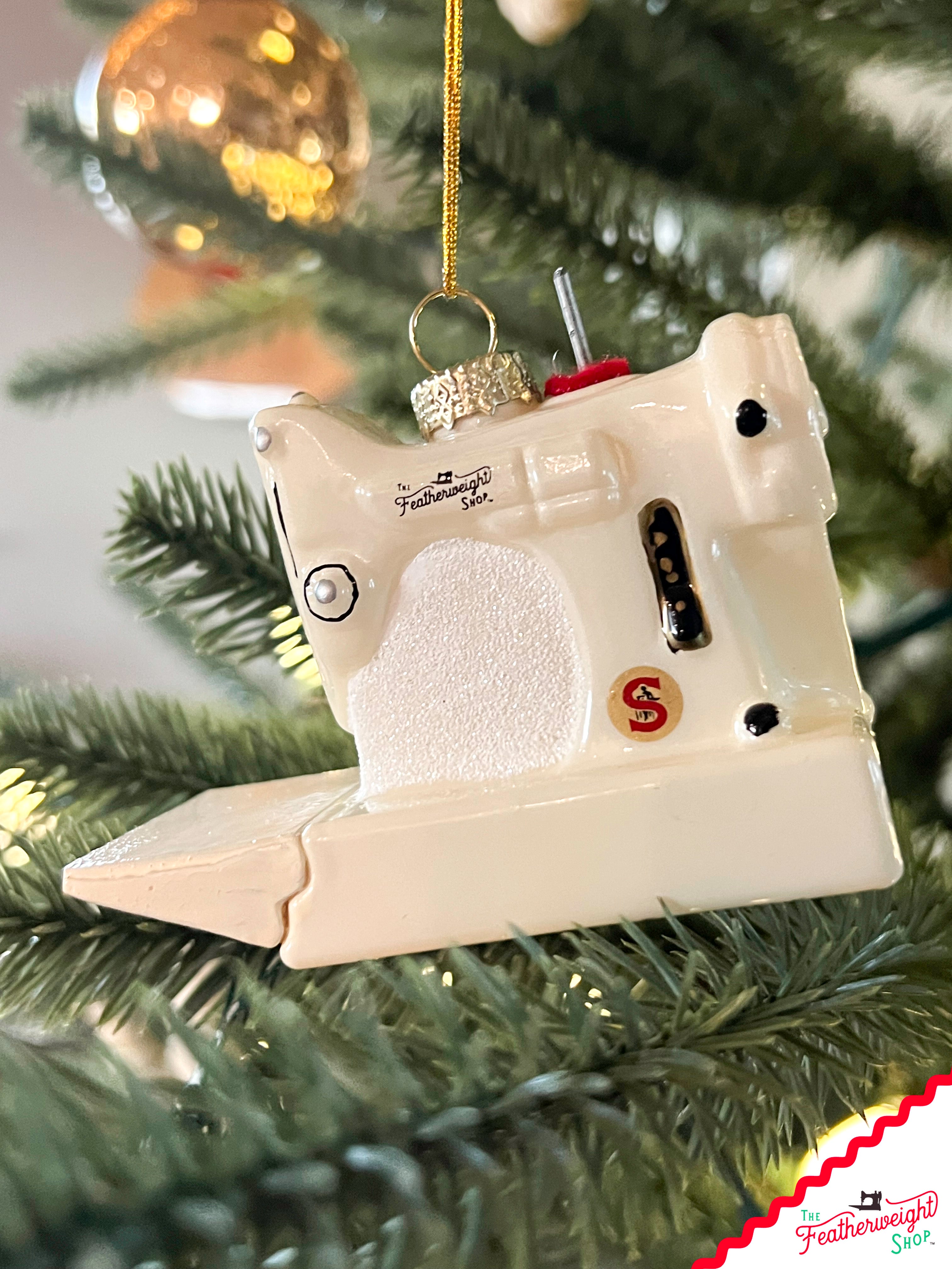 Christmas ORNAMENT, White Singer Featherweight Blown Glass Collectible