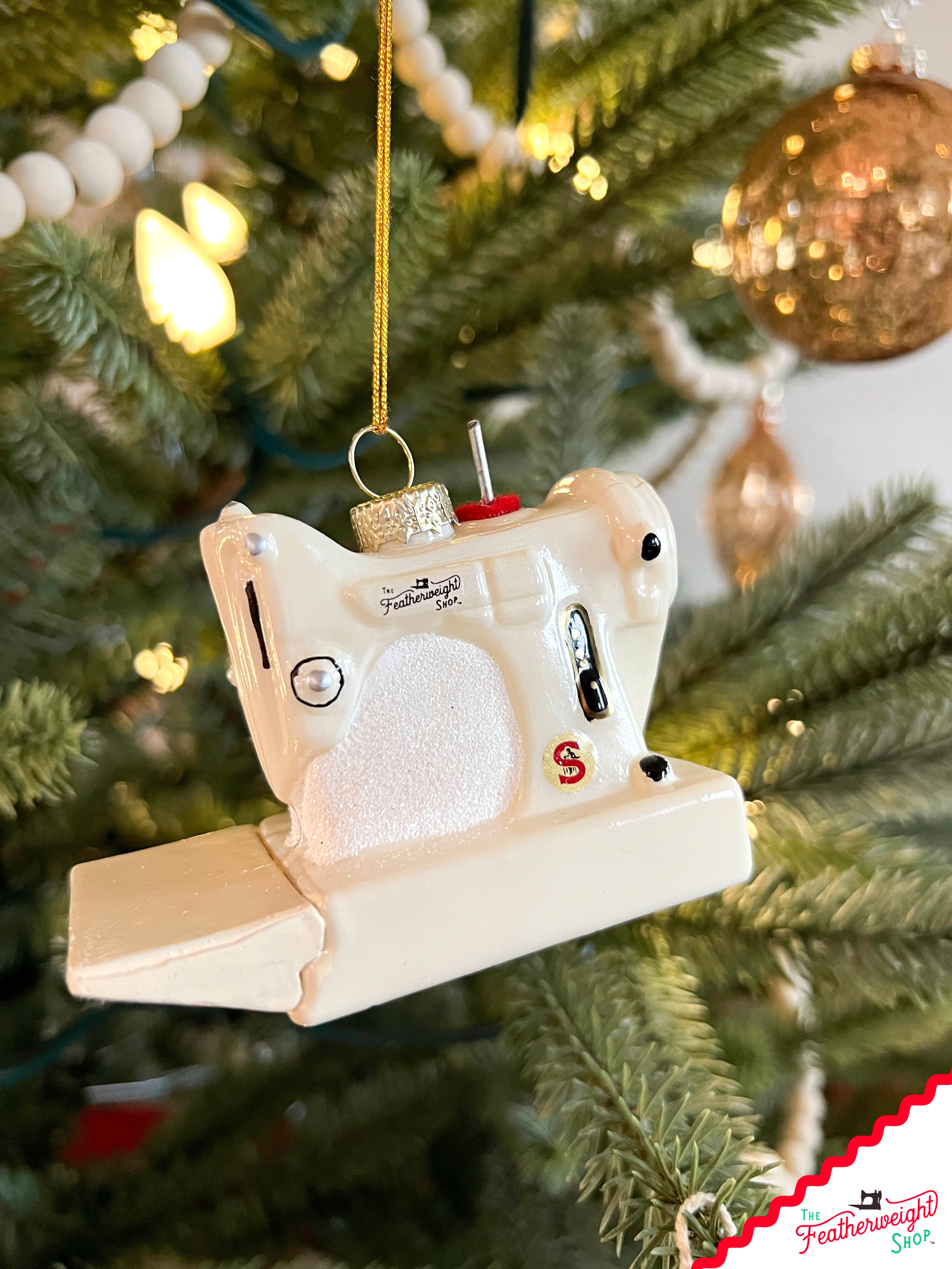 Christmas ORNAMENT, White Singer Featherweight Blown Glass Collectible