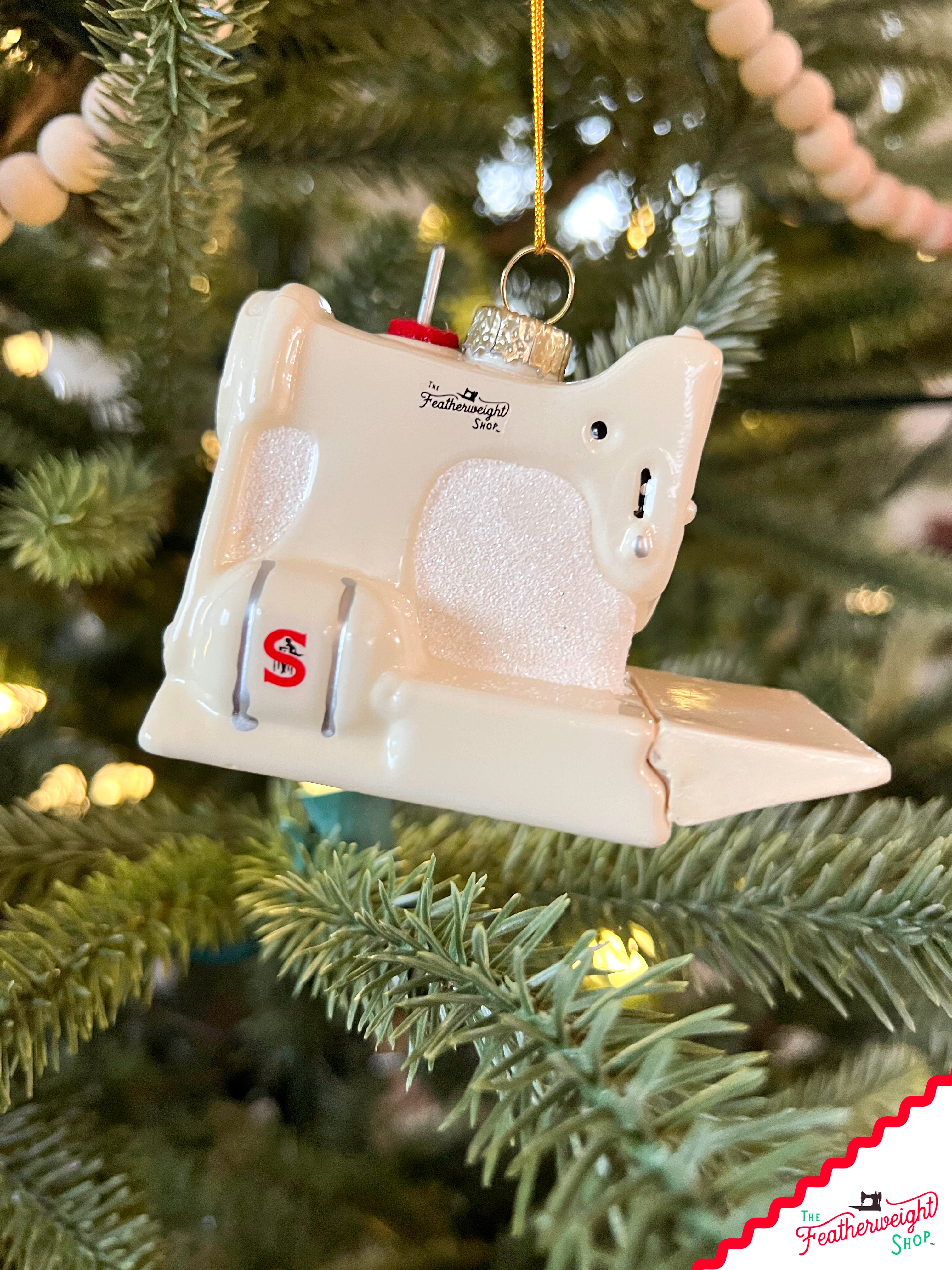 Christmas ORNAMENT, White Singer Featherweight Blown Glass Collectible