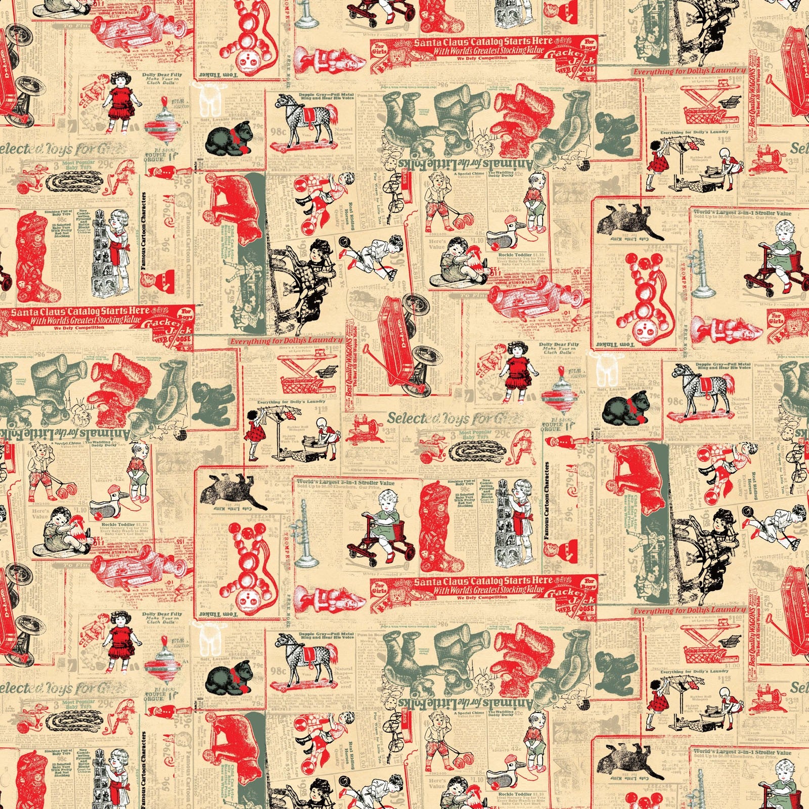 Fabric, Vintage Whisper from Santa NEWPAPER ADVERTISMENT by Studio E (by the yard)