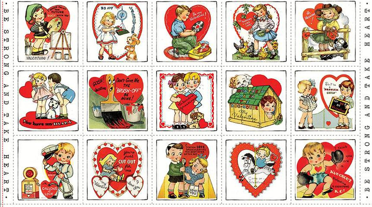 Fabric, Take Heart PANEL by J. Wecker Frisch - Be Strong Valentine