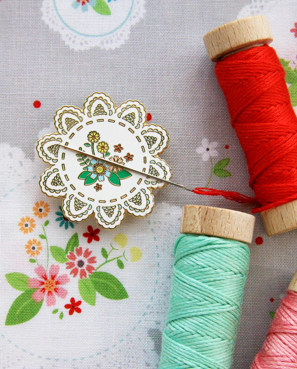 Needle Minder, VINTAGE FLORAL DOILY by Flamingo Toes