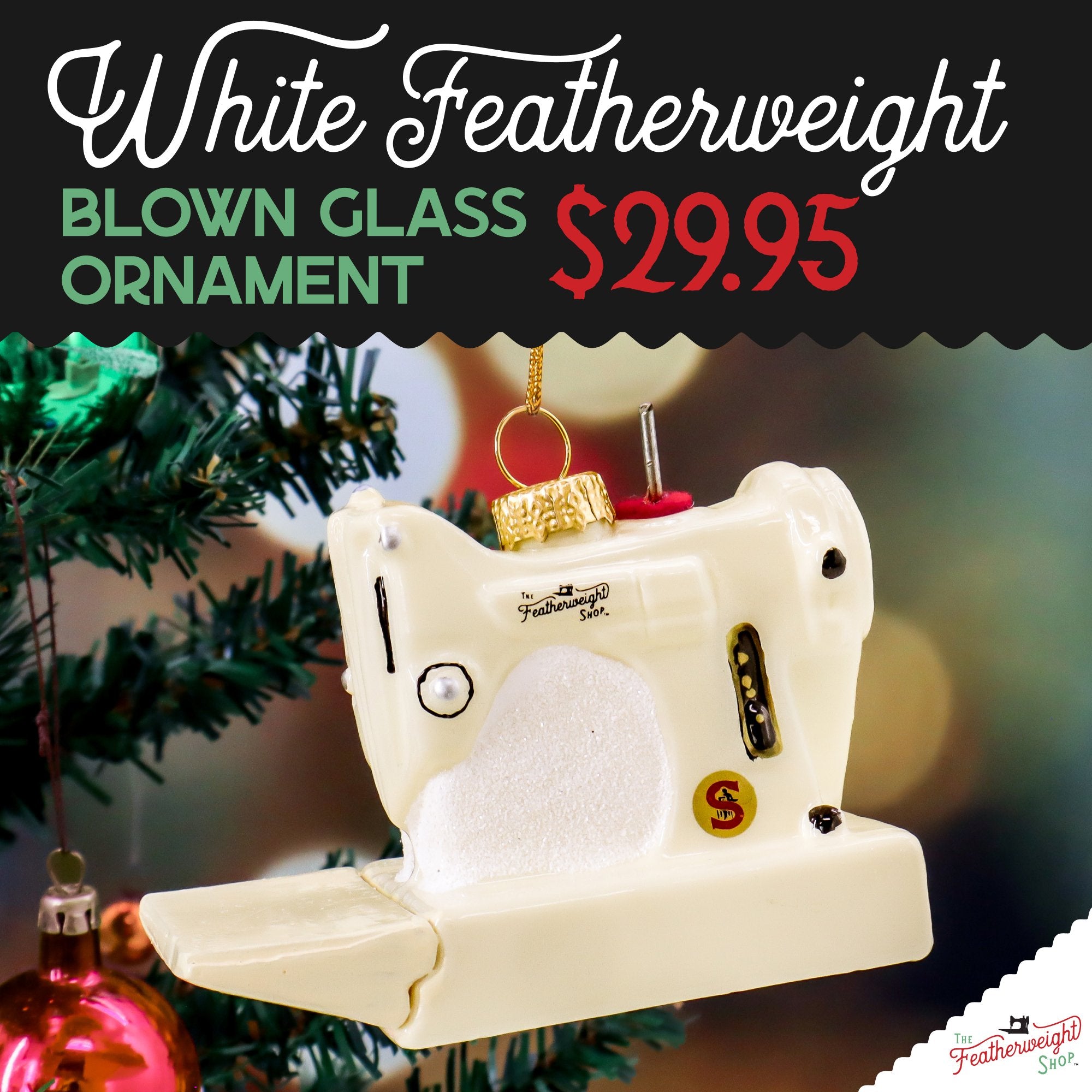 Christmas ORNAMENT, White Singer Featherweight Blown Glass Collectible