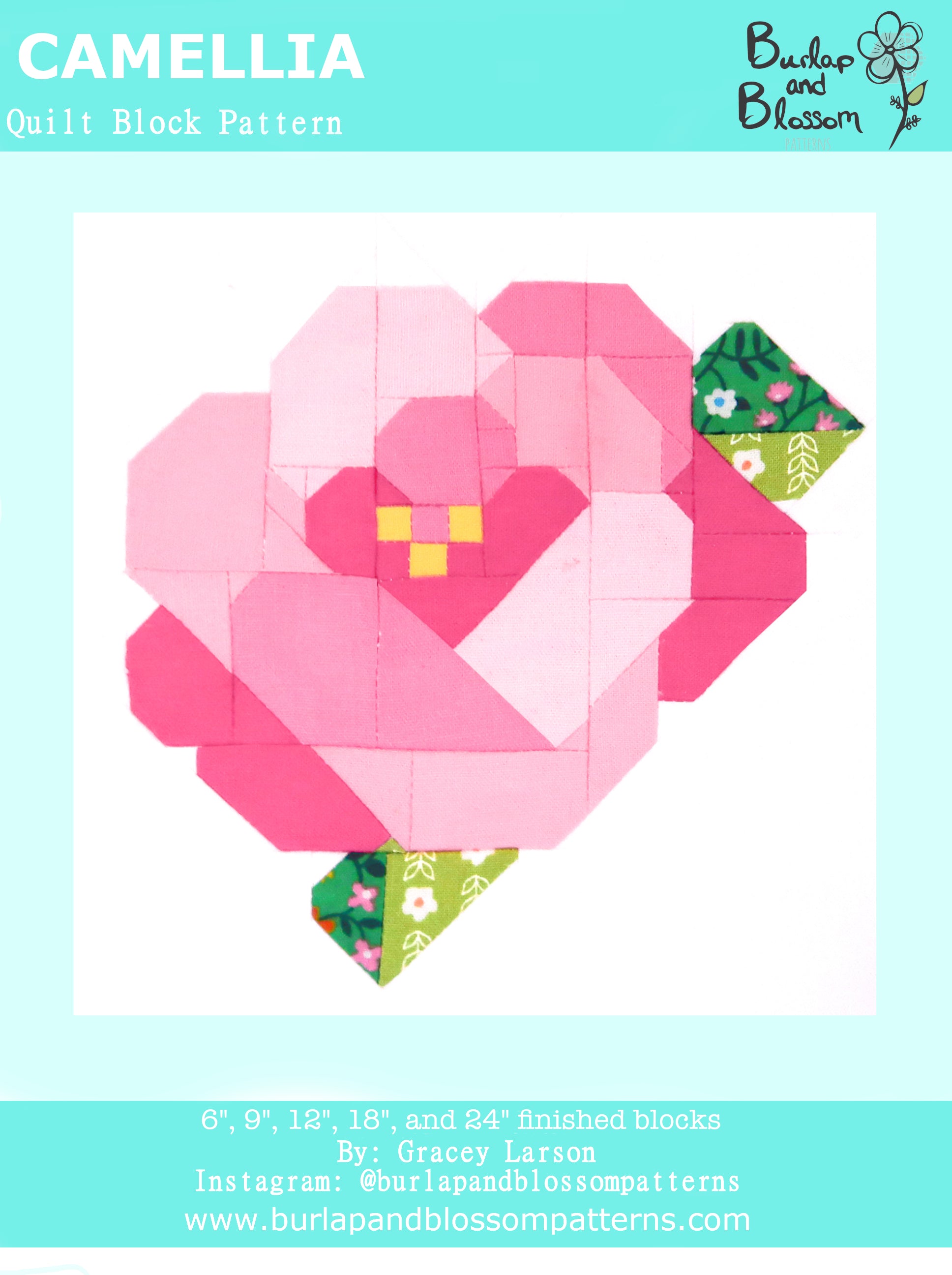 Pattern, Camellia Flower Quilt Block by Burlap and Blossom (digital download)
