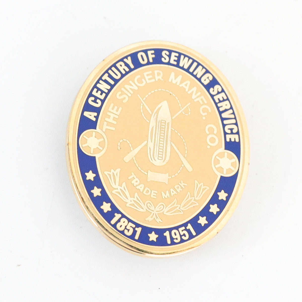 SINGER CENTENNIAL 1851–1951 Featherweight badge Pin Pal, blue enamel and gold