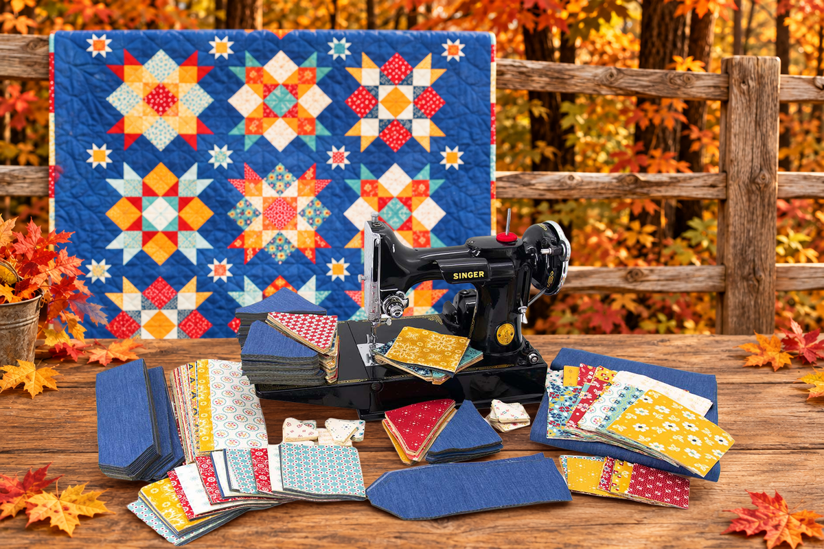 Every laser-cut piece laid out beside a Singer Featherweight, finished quilt behind