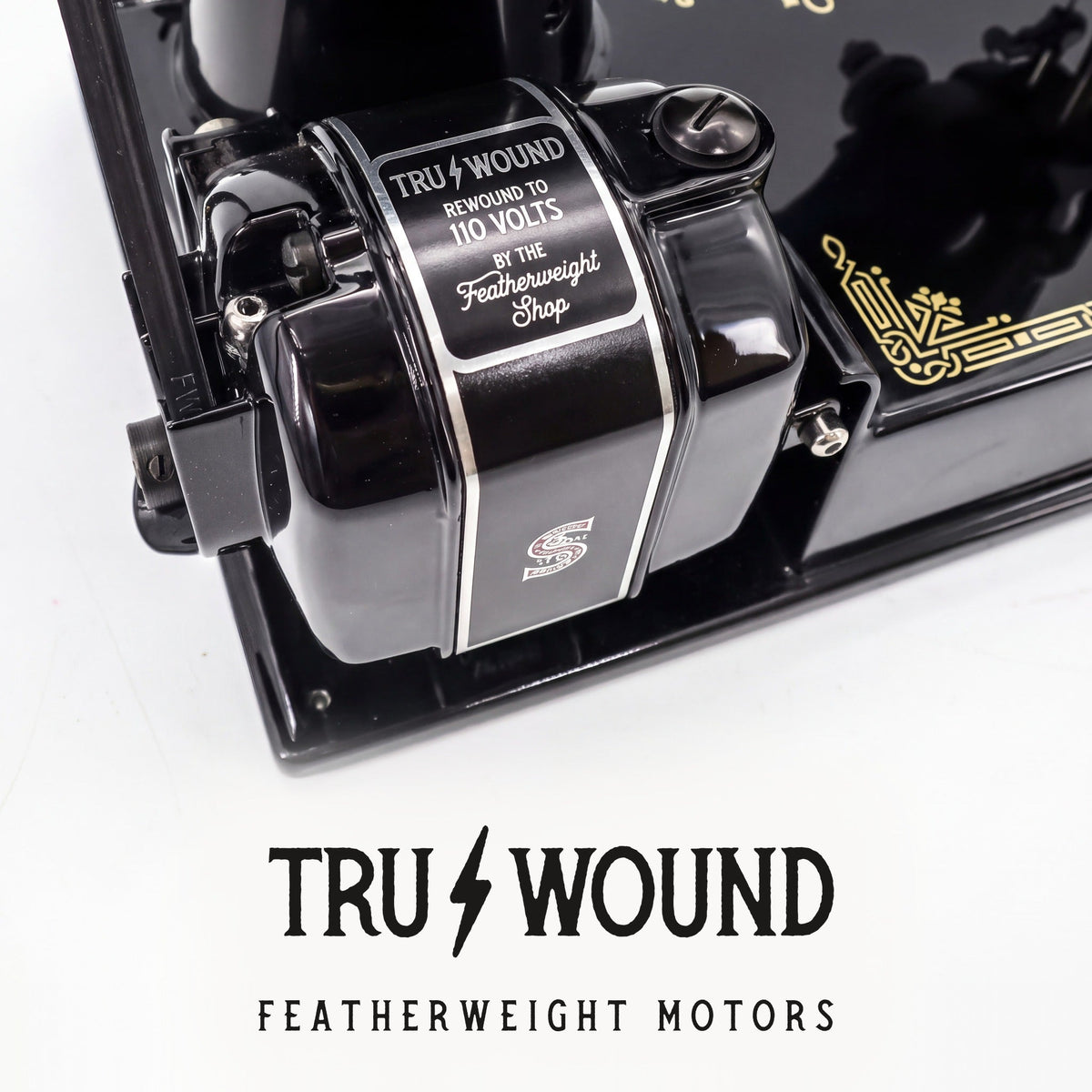 A Tru-Wound motor installed on a Featherweight, with the Tru-Wound Featherweight Motors wordmark below