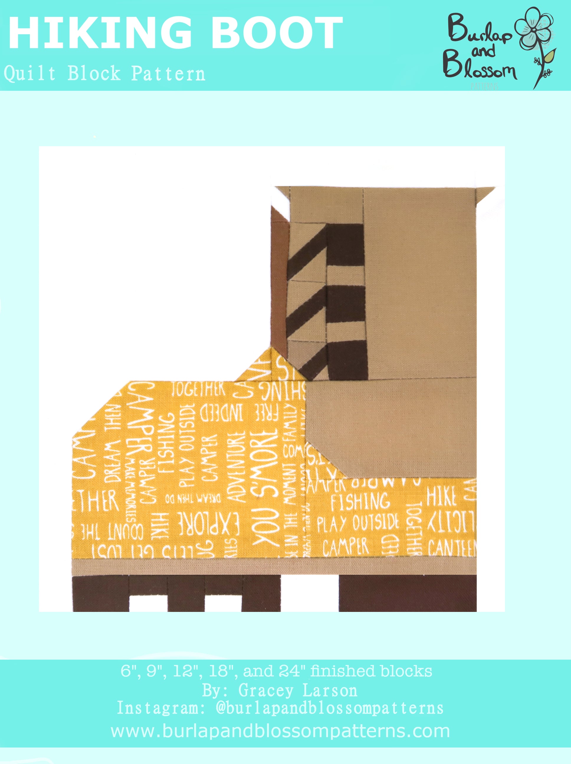 Pattern, Hiking Boot Quilt Block by Burlap and Blossom (digital download)