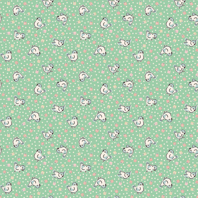 Fabric, Poppie Cotton Home Sweet Home - Green Bluebirds (by the yard)