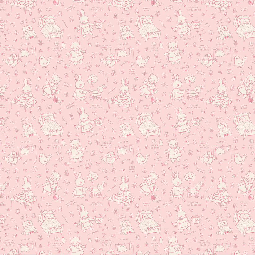 Fabric, Poppie Cotton Home Sweet Home - Pink Chore Time (by the yard)