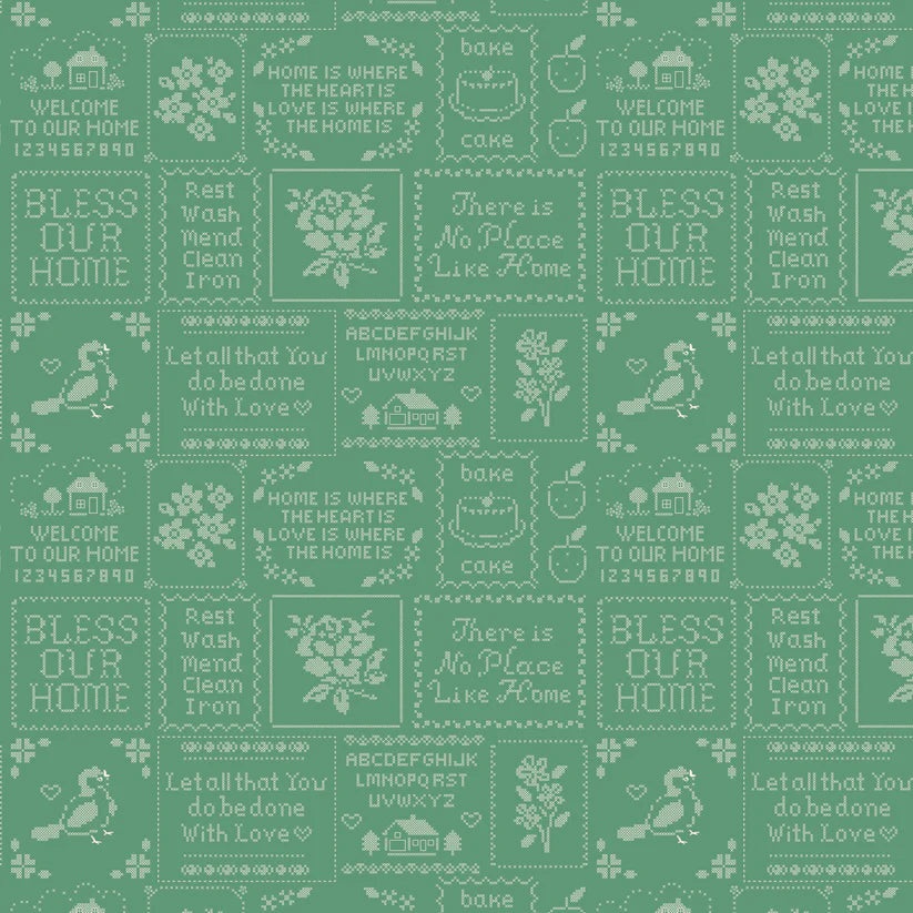 Fabric, Poppie Cotton Home Sweet Home - Green Cross Stitch (by the yard)