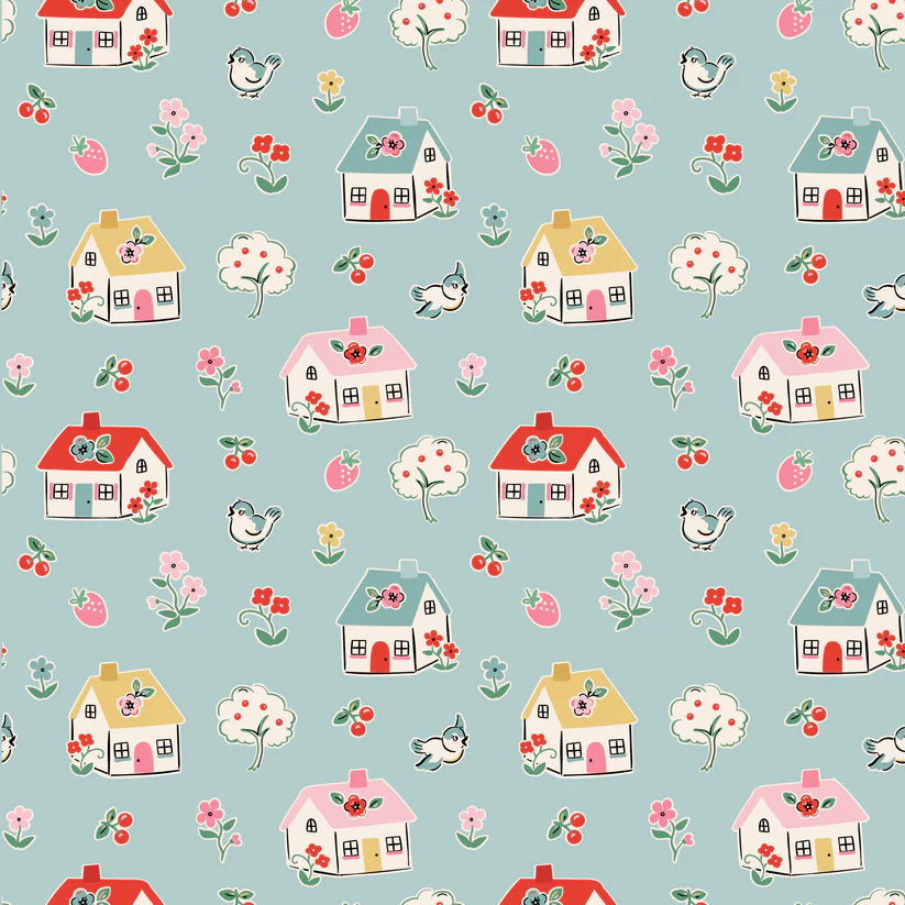 Fabric, Poppie Cotton Home Sweet Home - Blue Happy Home (by the yard)