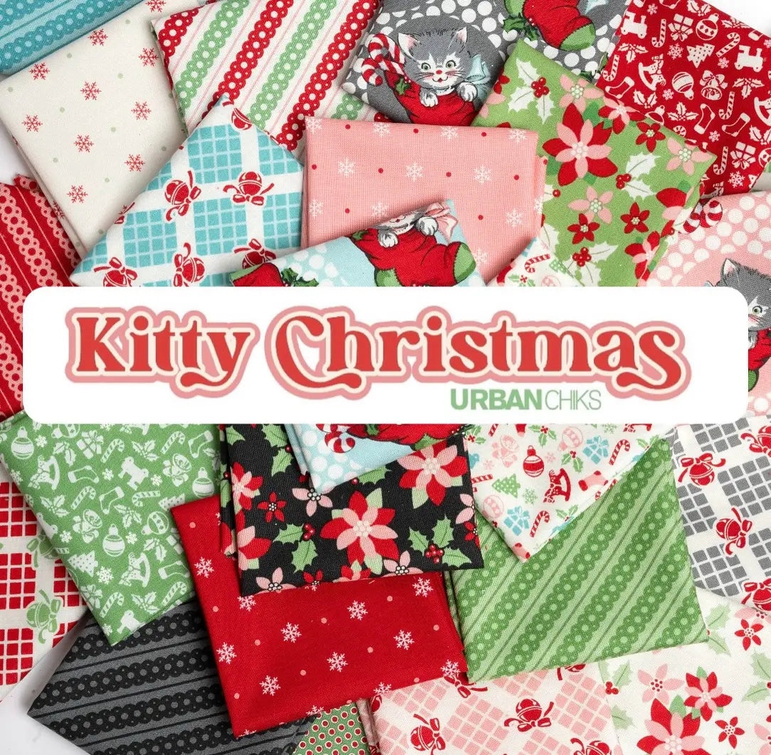 Fabric, Kitty Christmas Jingle Bells, Checks & Plaids by Urban Chiks - Grey COAL (by the yard)