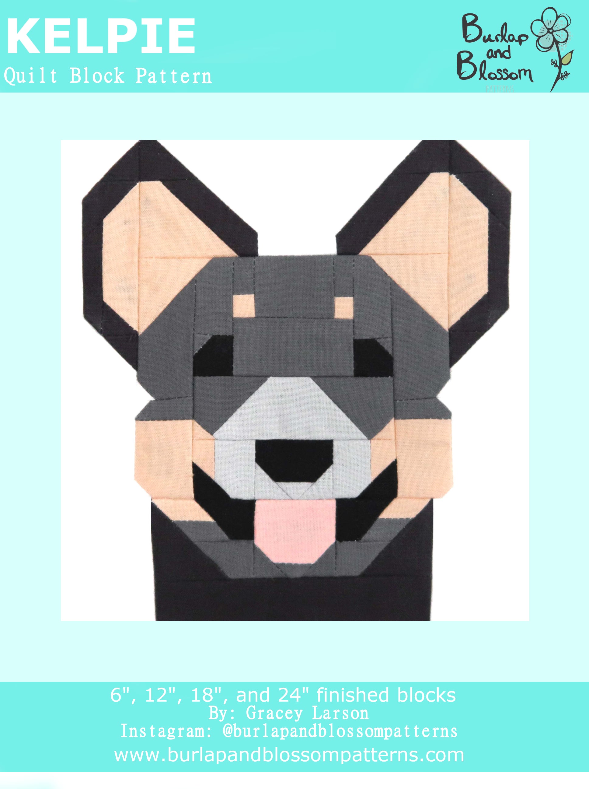 Burlap and Blossom Kelpie Quilt Block