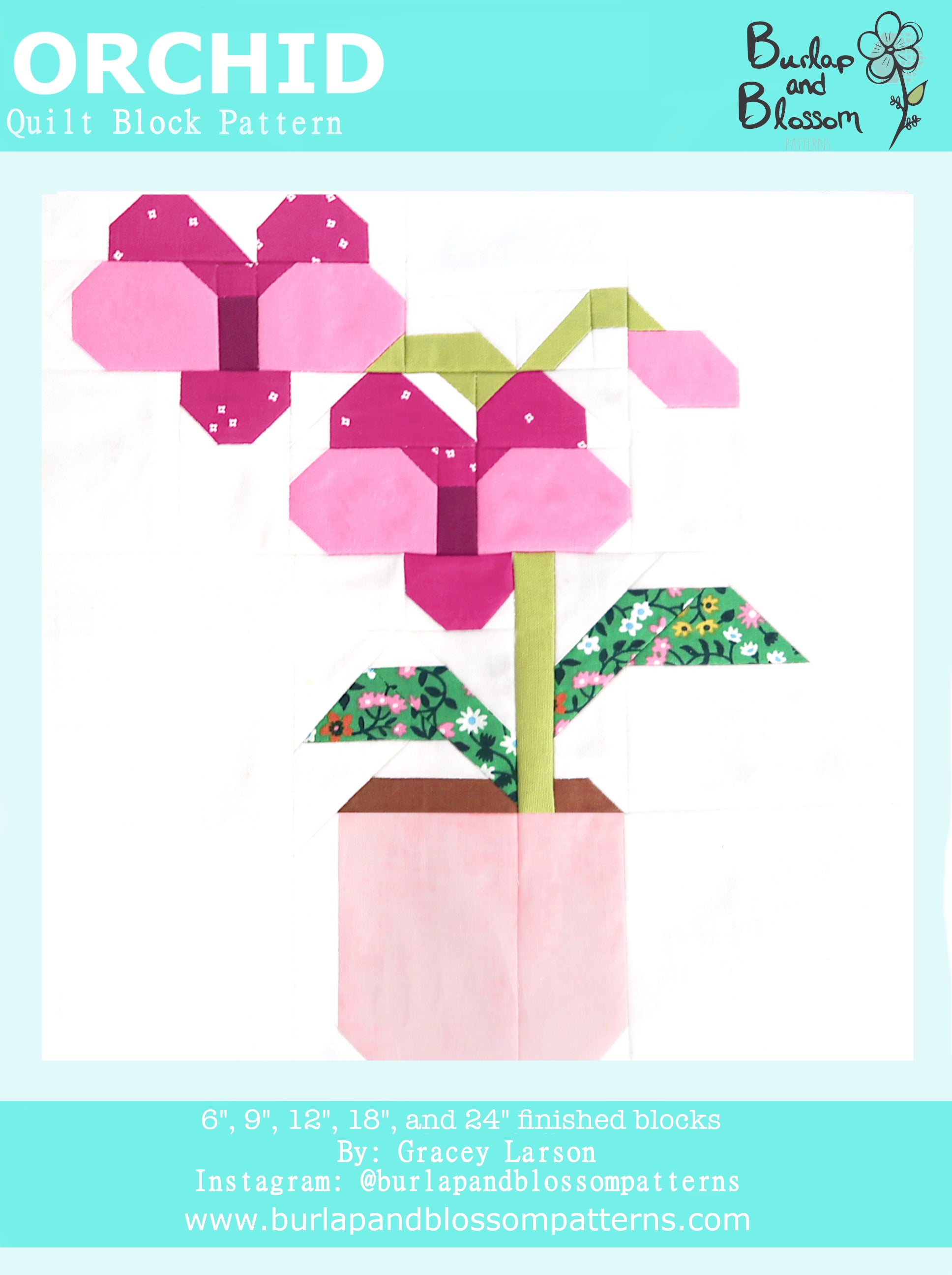 Pattern, Orchid Flower Quilt Block by Burlap and Blossom (digital download)