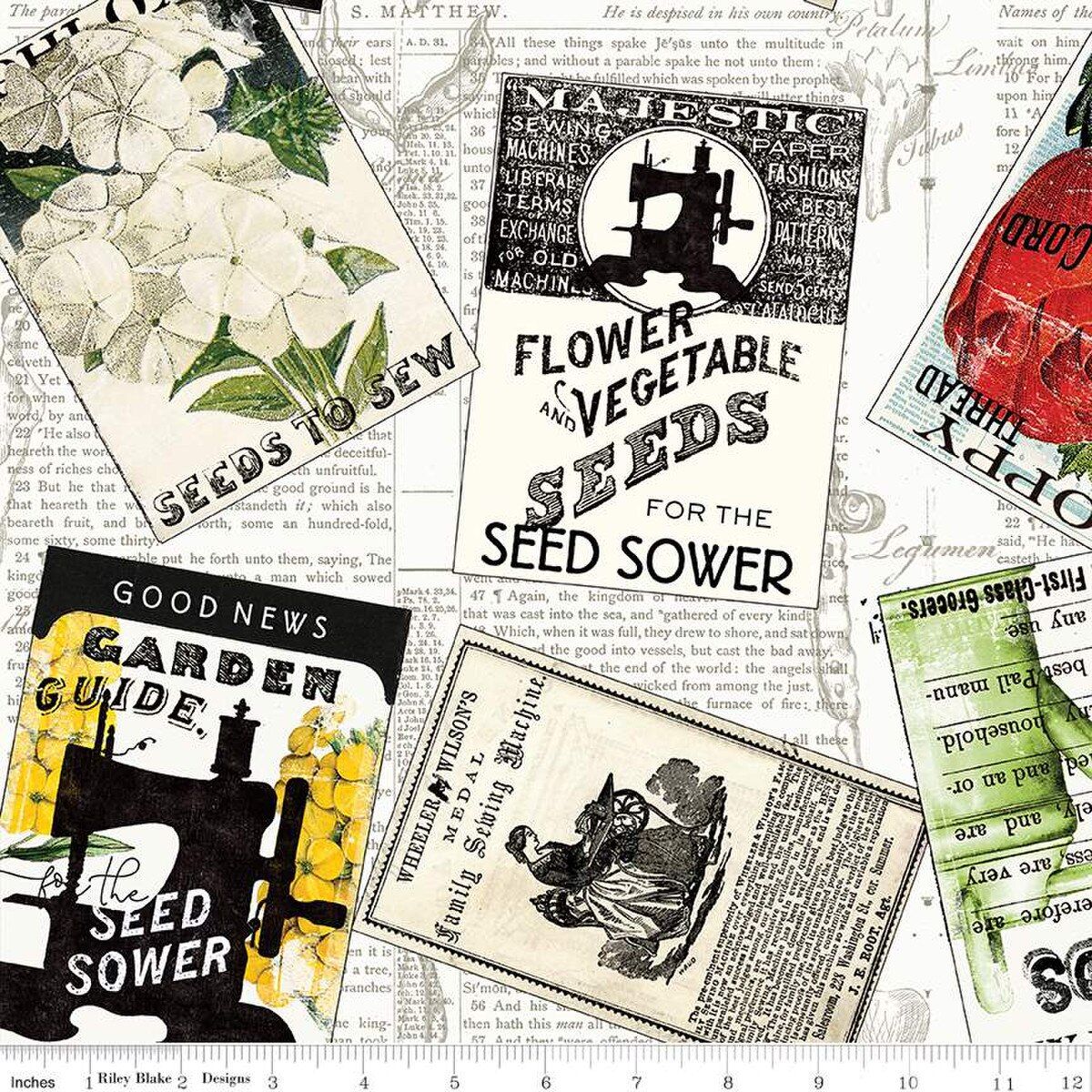 Fabric, Sewing Seeds III - Seed Packs Toss WHITE (by the yard)