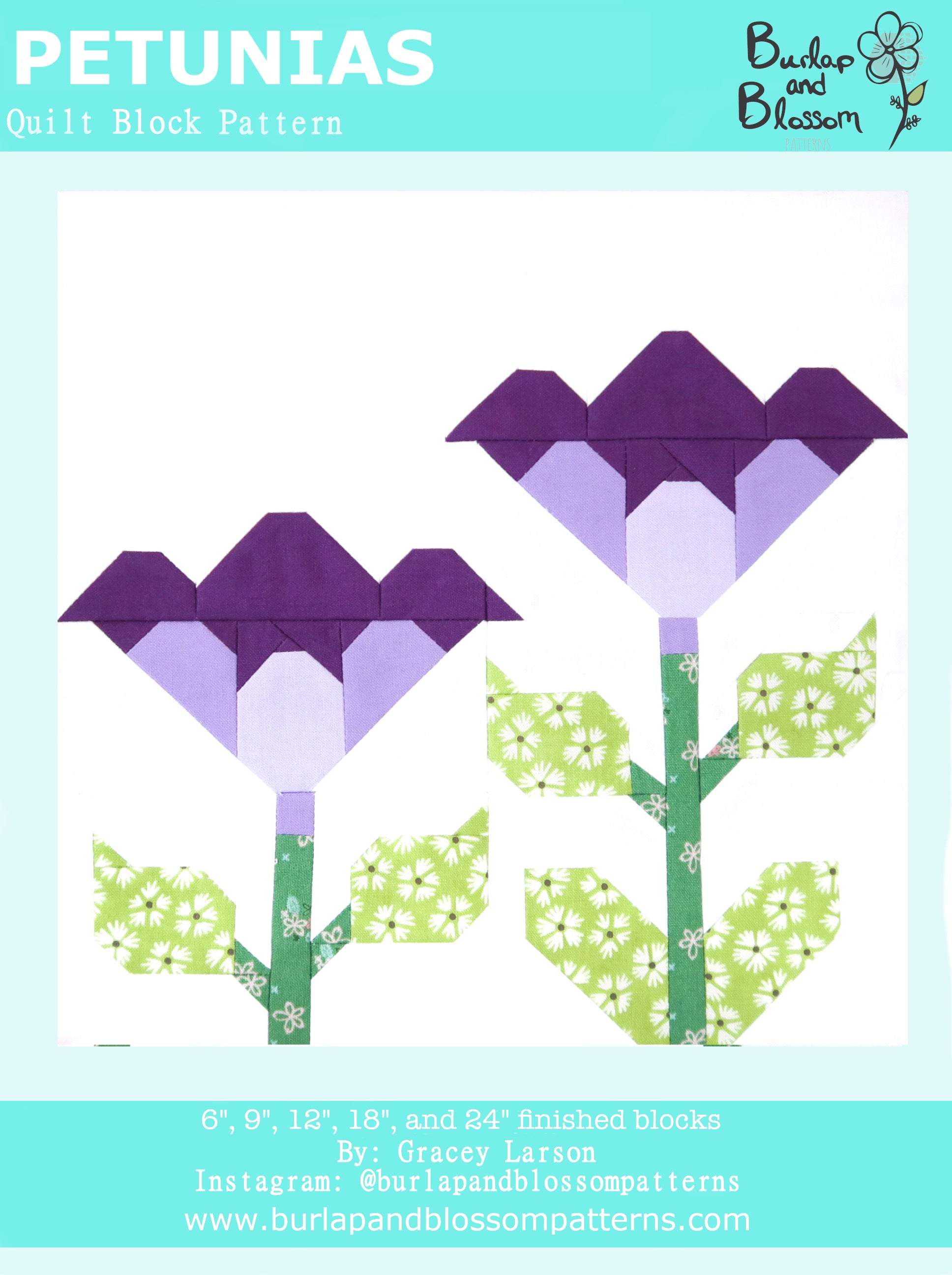 Pattern, Petunias Flower Quilt Block by Burlap and Blossom (digital download)
