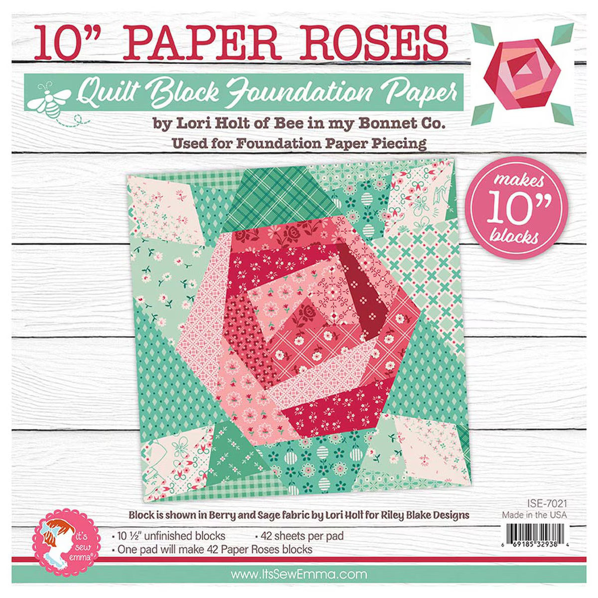 Foundation Paper Piecing Sheets, Paper Roses Quilt Block by Lori Holt - 10" inch