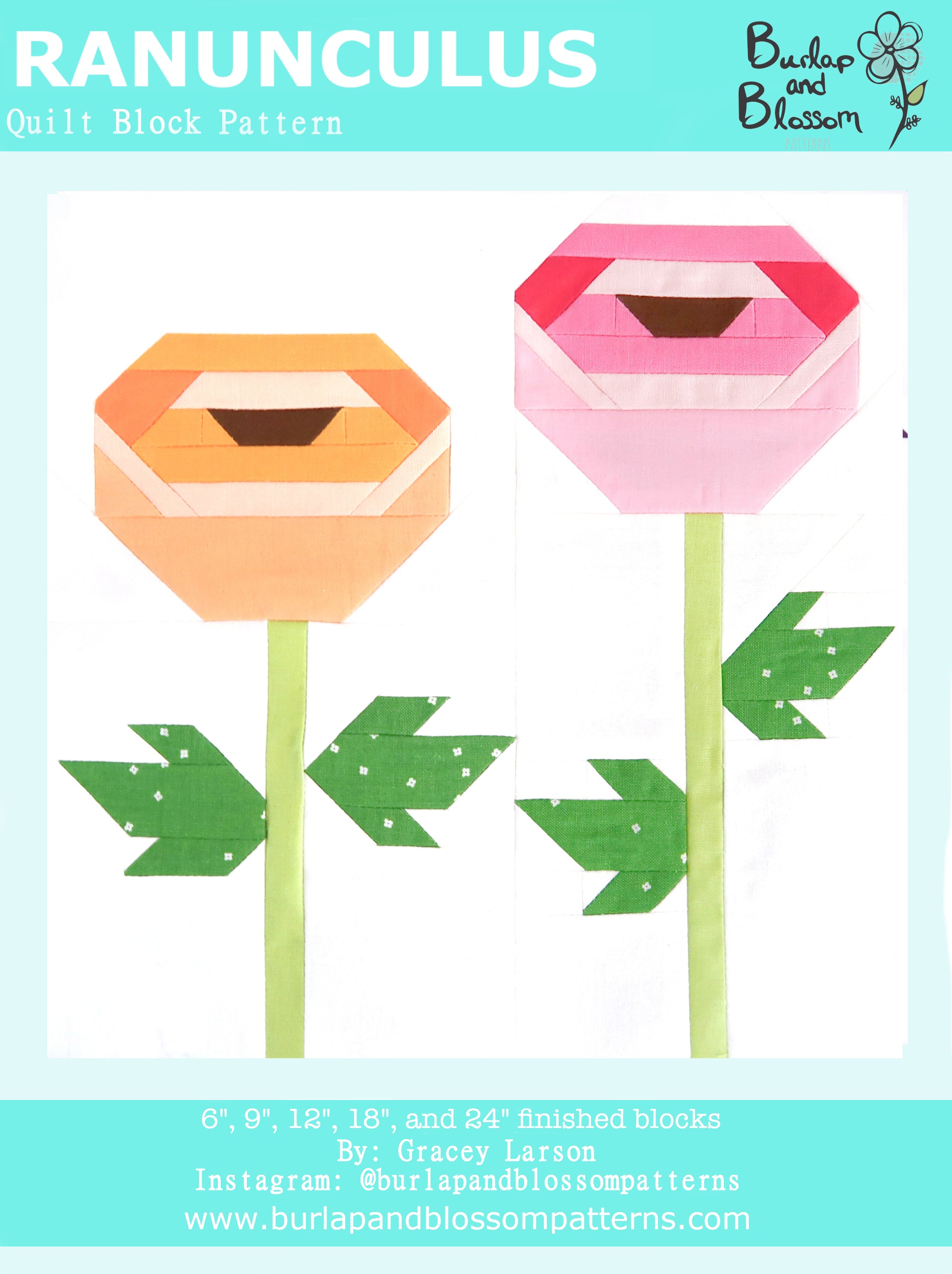 Pattern, Ranunculus Flower Quilt Block by Burlap and Blossom (digital download)