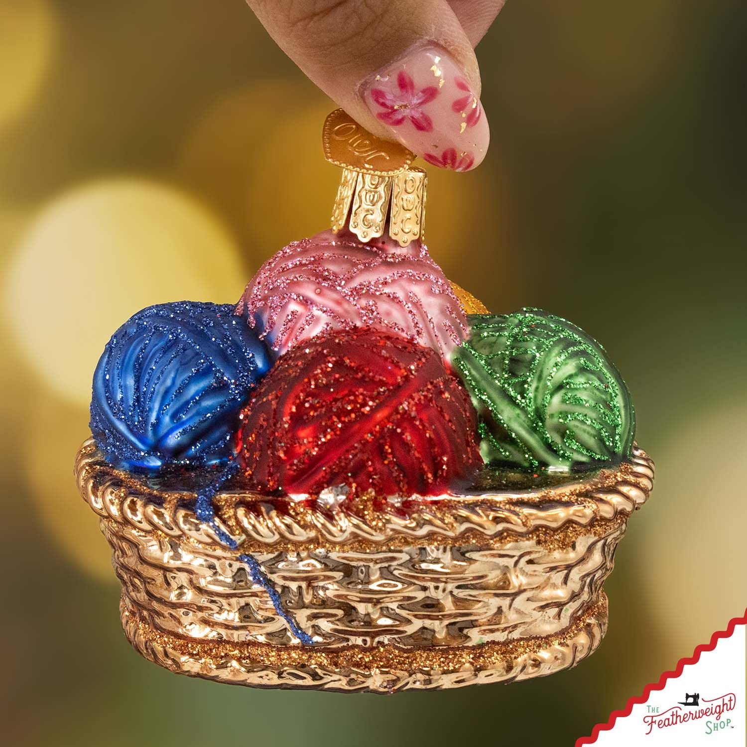 Christmas ORNAMENT, Yarn Basket - Hand Painted Blown Glass by Lori Holt