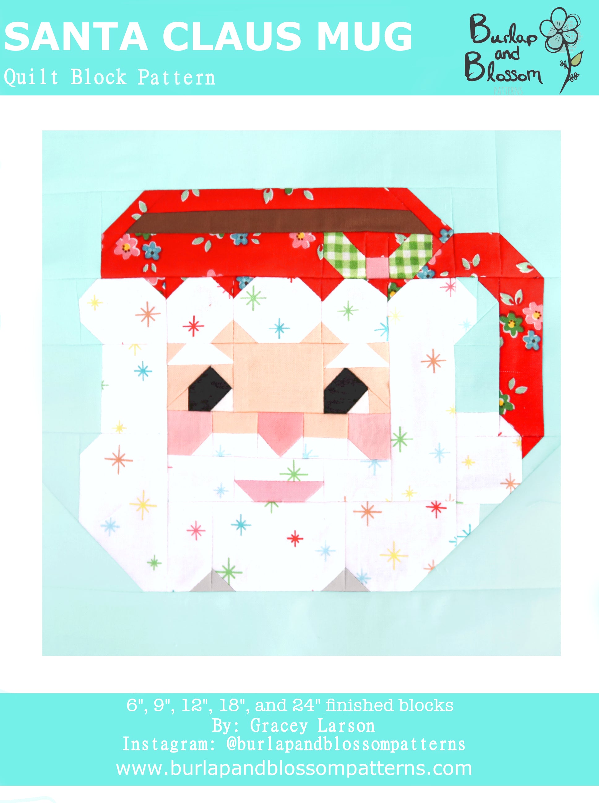 Pattern, Santa Claus Mug Quilt Block by Burlap and Blossom (digital download)