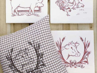 Load image into Gallery viewer, Embroidery Iron-On Transfers, Farm Fresh SET 1 - Pig, Rooster &amp; Chickens, and Cow