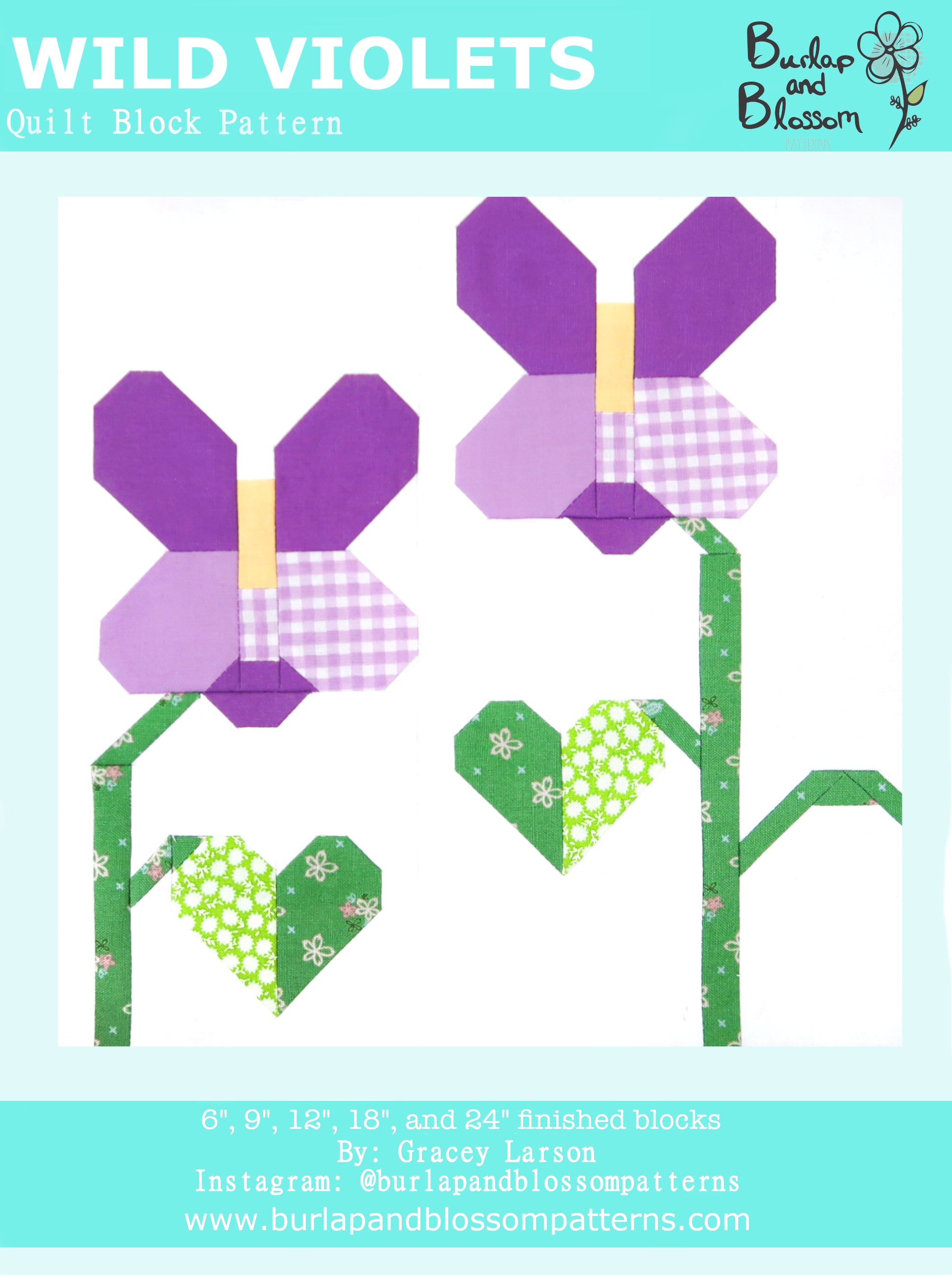 Pattern, Wild Violets Flower Quilt Block by Burlap and Blossom (digital download)