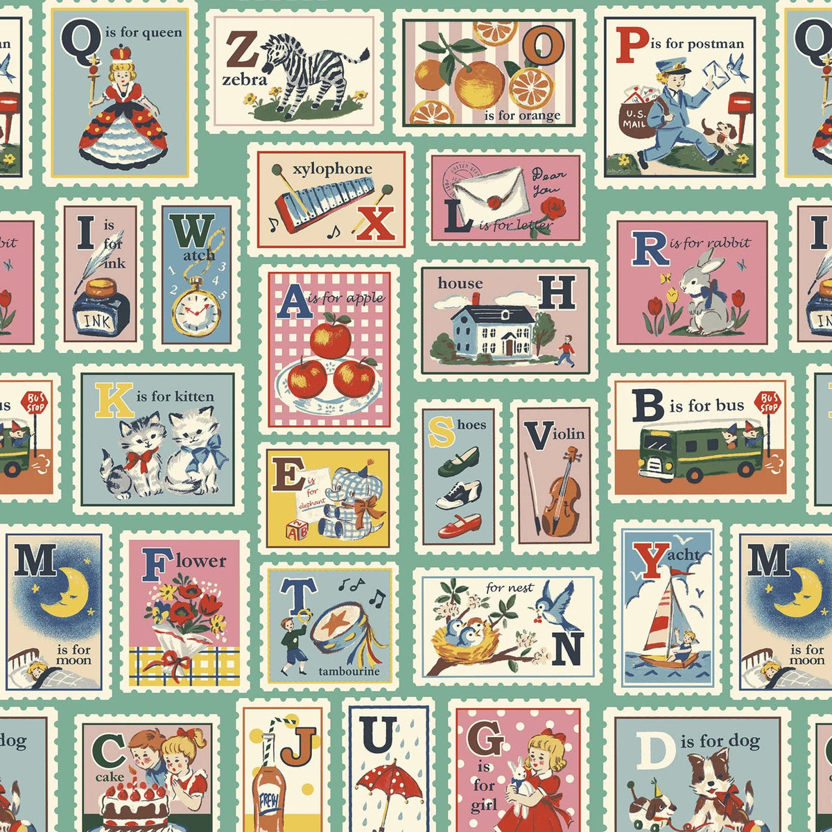 Fabric, Quilt Gate Dear Little World - Hello Again 2 GREEN (by the yard)