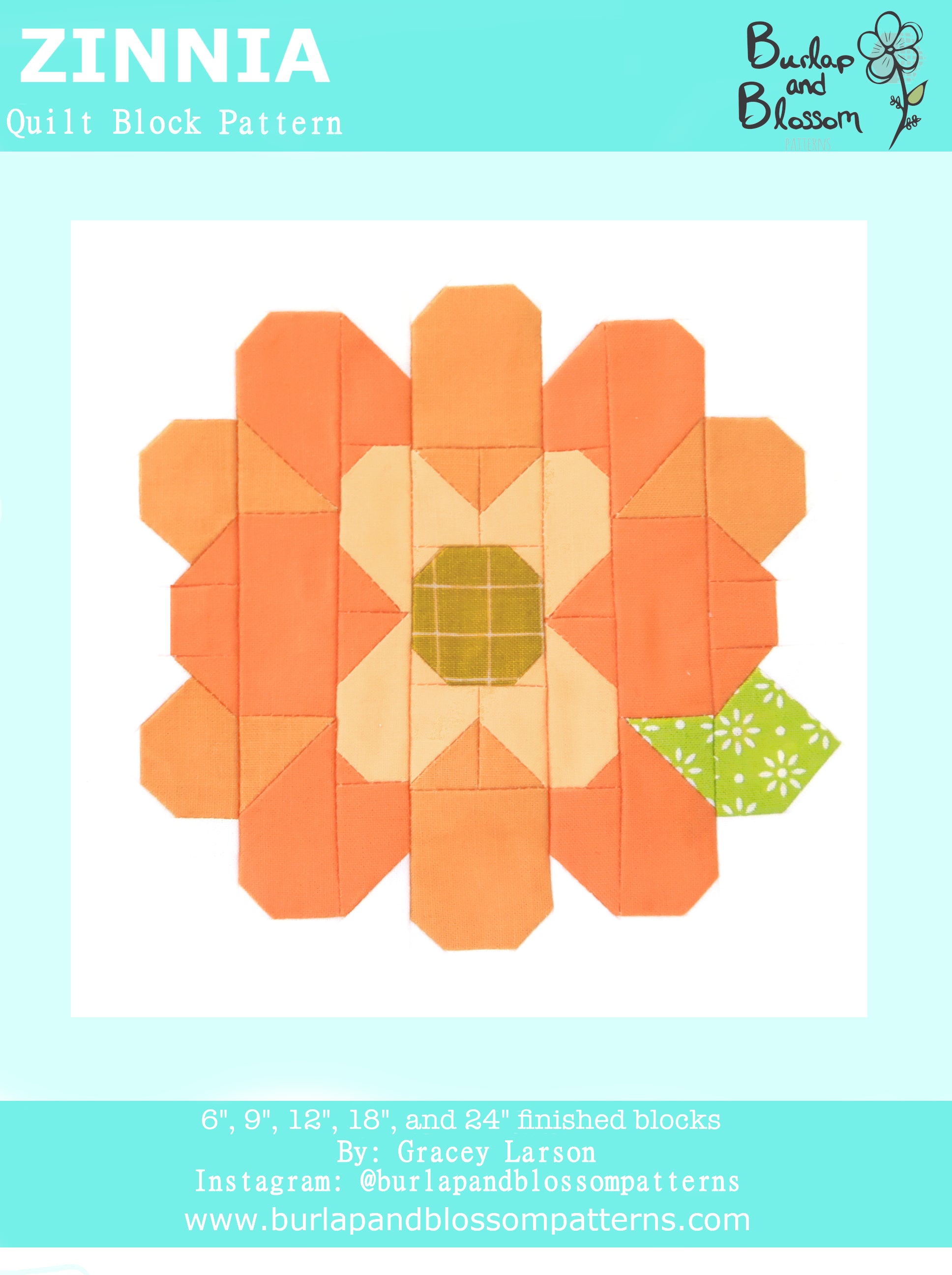 Pattern, Zinnia Flower Quilt Block by Burlap and Blossom (digital download)