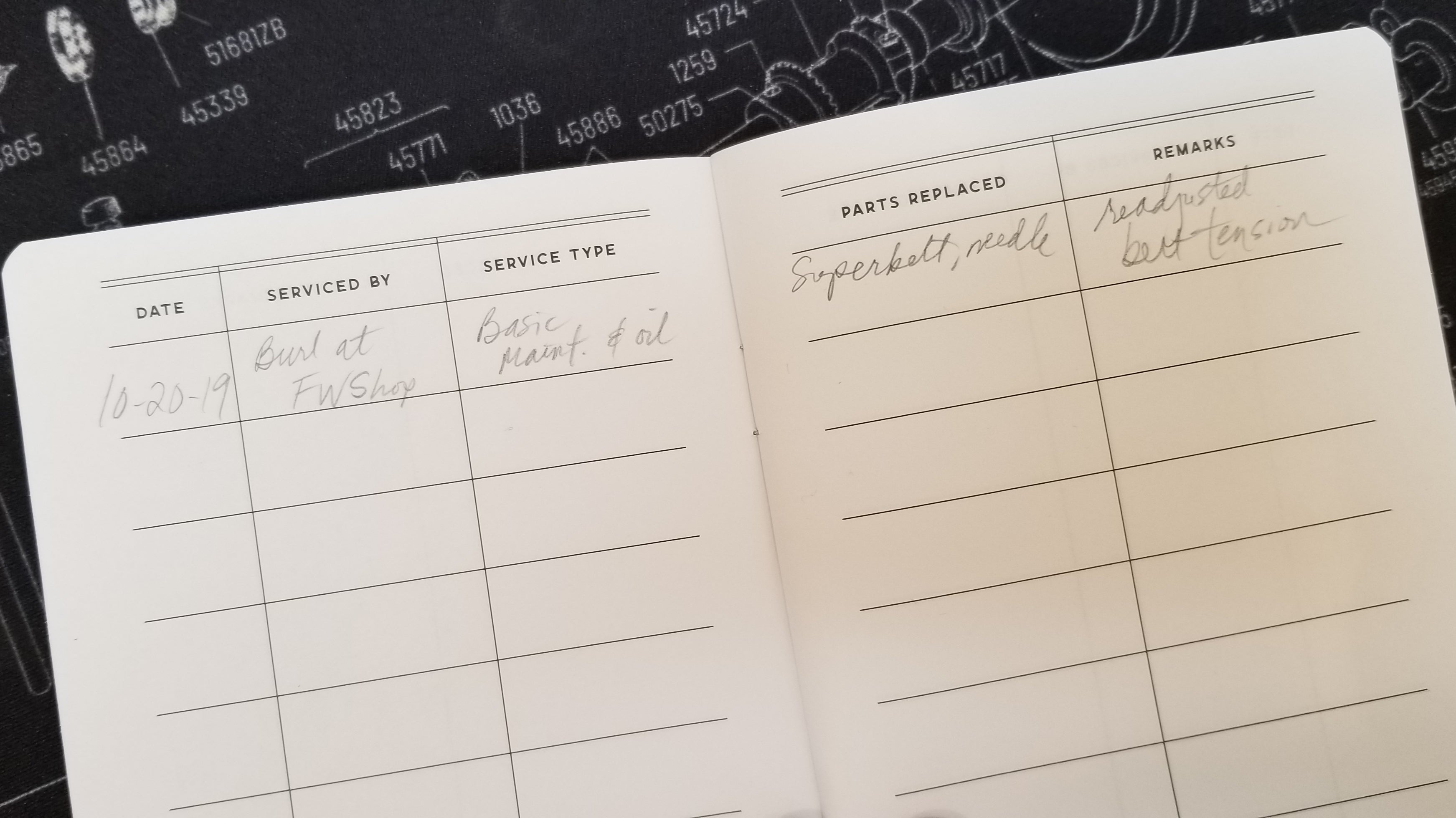 inside servicing log book