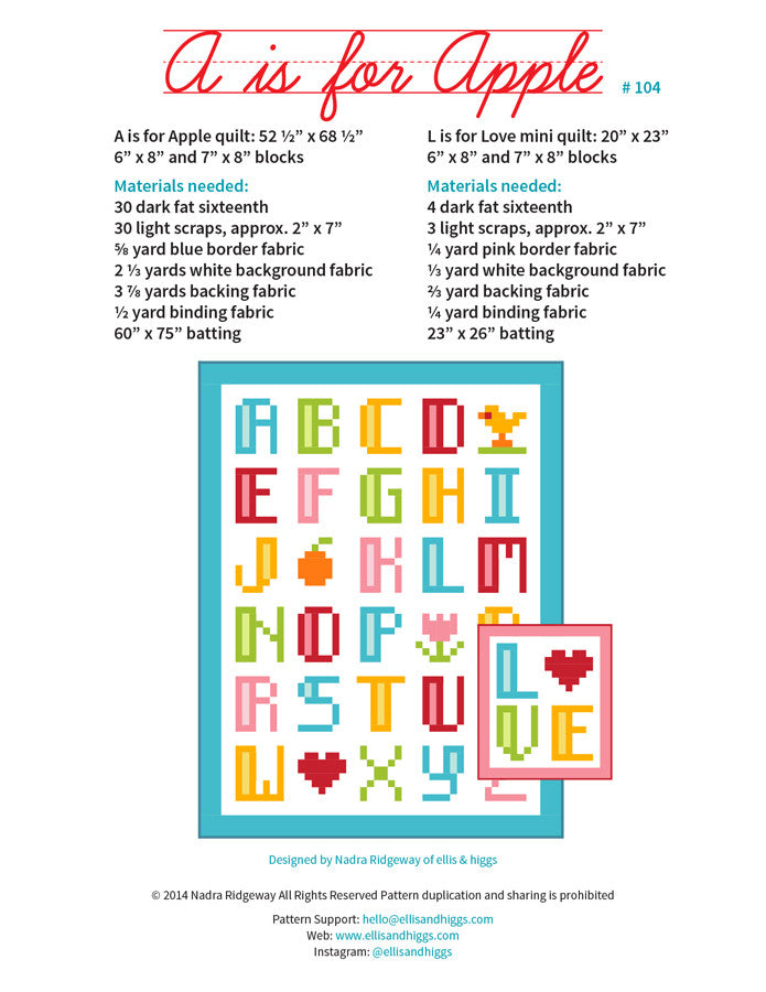 Pattern, A is for Apple / L is for Love Quilt by Ellis & Higgs (digital download)