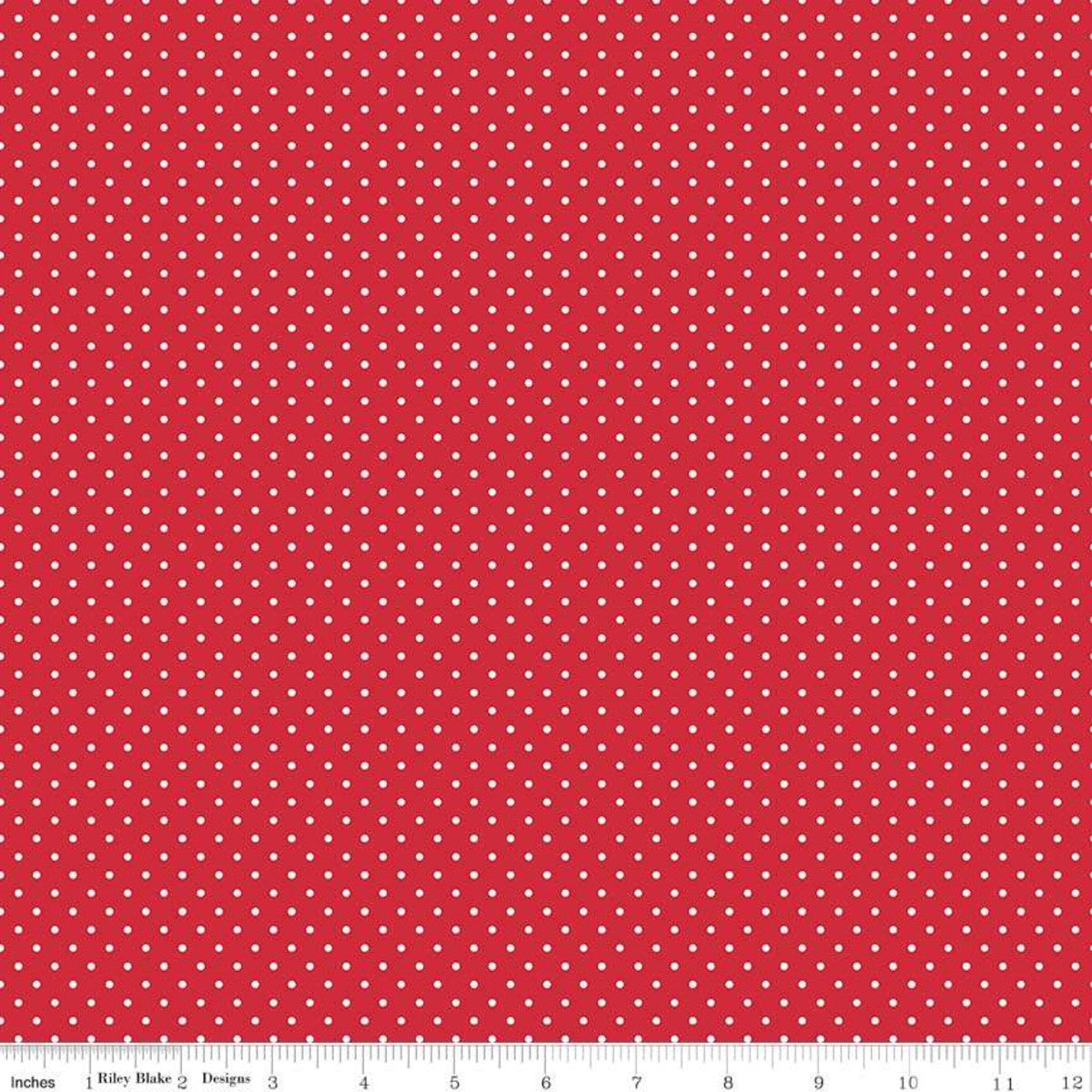 Fabric, SWISS DOT WHITE ON RED BASIC by Riley Blake (by the yard)